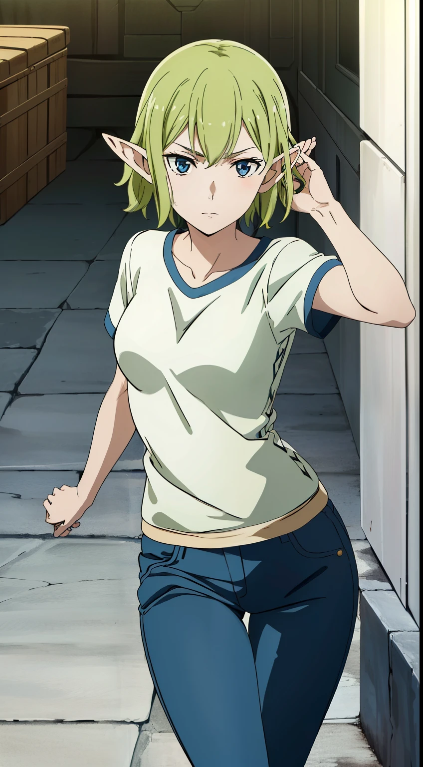 masterpiece,highest quality,anime,2D,
1 girl, alone, No expression,pointed ears, 緑 hair, goblin, blue eyes, short hair,緑 hair,shirt,long pants,stylish pose,stylish angle,(lively_color:1.2),(beautiful_medium breasts:1.2), (beautiful_face:1.4),(beautiful_thighs:1.1),