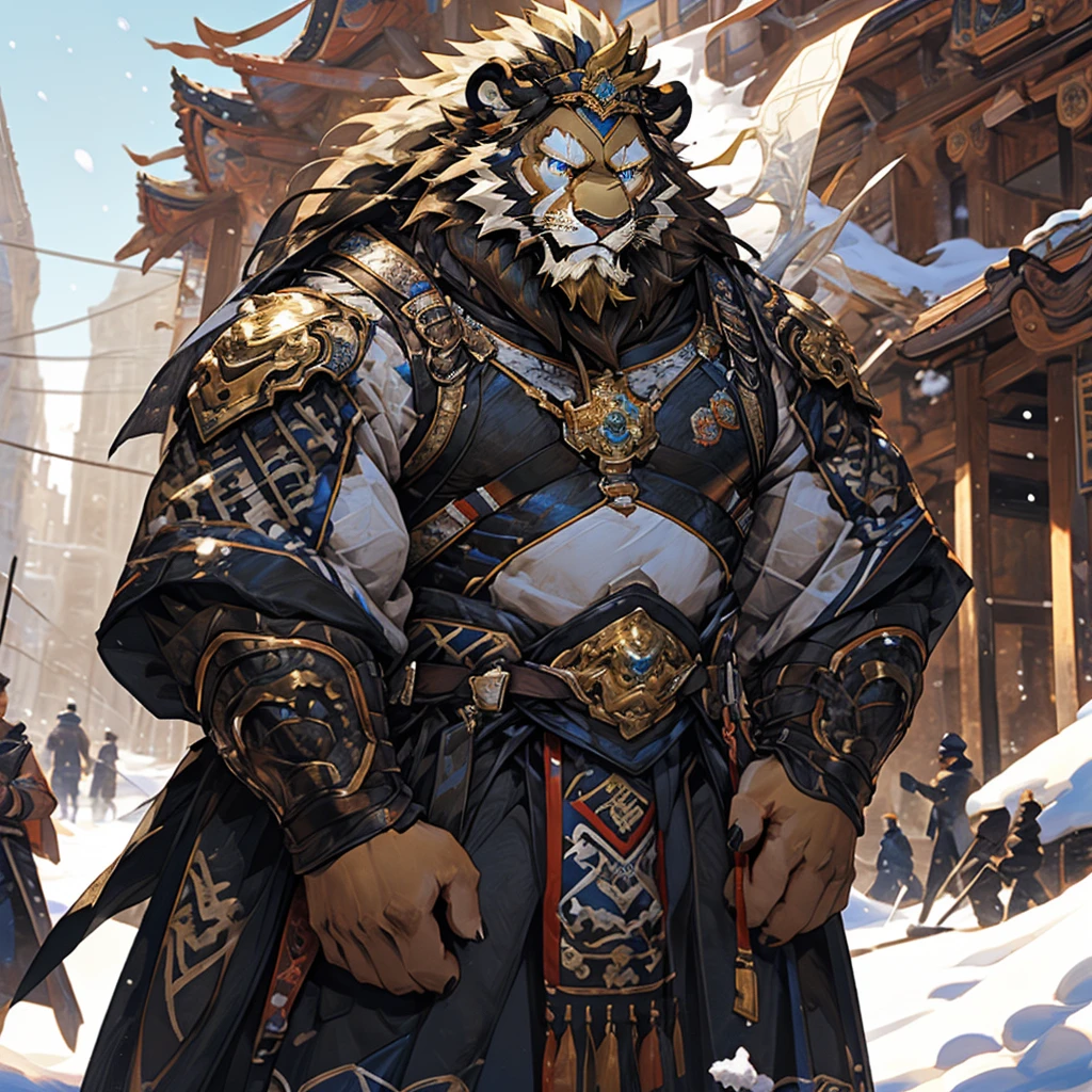 金色皮肤lion),(黑白阴阳General战袍),Holding a long sword,strong posture,stand calmly,(The background is a city covered in ice and snow:1.2),abdominal muscles,heroic posture飒爽,完美的masterpiece,Various facial details,distance perspective,specific description,masterpiece,CG,(blue eyes),black and white pattern,Crimson tail,General,heroic posture,lion,Black and gold fur,Specific facial details,Half body,(黑白阴阳General战履),(Chang Ling),((middle aged)),(Face focus),(16K),HD,black and white belly,temple,beard,(Face line),different students,(Black and white yin and yang shirt),(Black and blond hair),Strong,muscle,(High resolution:1.3),(Standing in front of a city covered in ice and snow),(close up),(Detailed face:1.5),Perfect details,(Half body),(Detailed depiction of face:1.5),(Zoom in on face:1.5),(白色Face line:1.2),(黑色beard:1.3),(white face;1.6),golden body lion