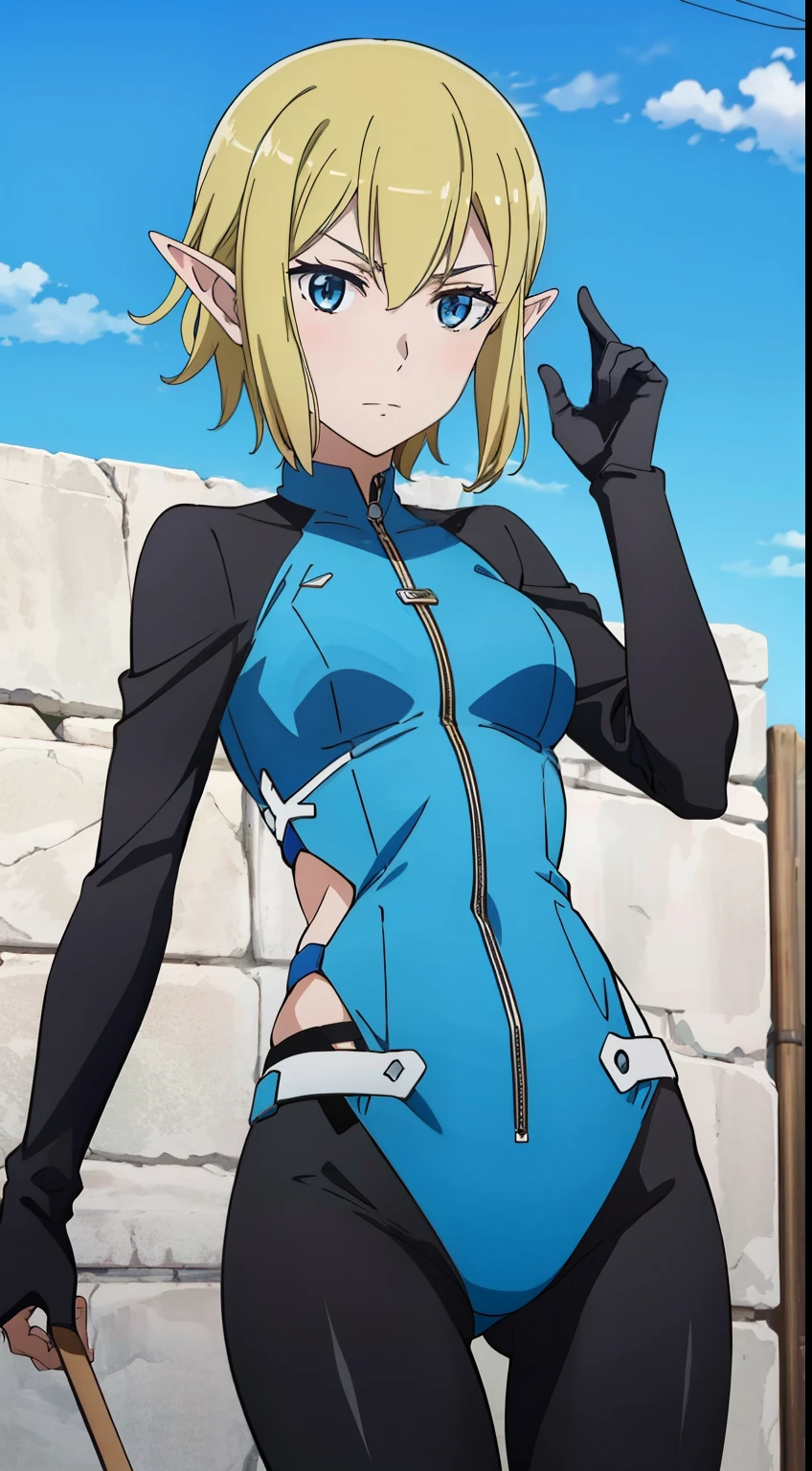 masterpiece,highest quality,anime,2D,
1 girl, alone, No expression,pointed ears, 緑 hair, goblin, blue eyes, short hair,緑 hair,bike suit,blue sky,stylish pose,stylish angle,(lively_color:1.2),(beautiful_medium breasts:1.2), (beautiful_face:1.3),(beautiful_thighs:1.1),