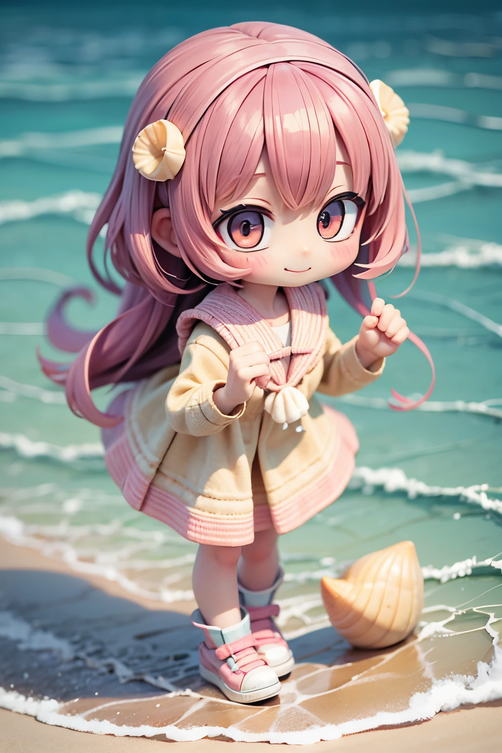 Photoreal、whole body、chibi girl、Seashell Accessories、smile、cute shoes、Picking up shells