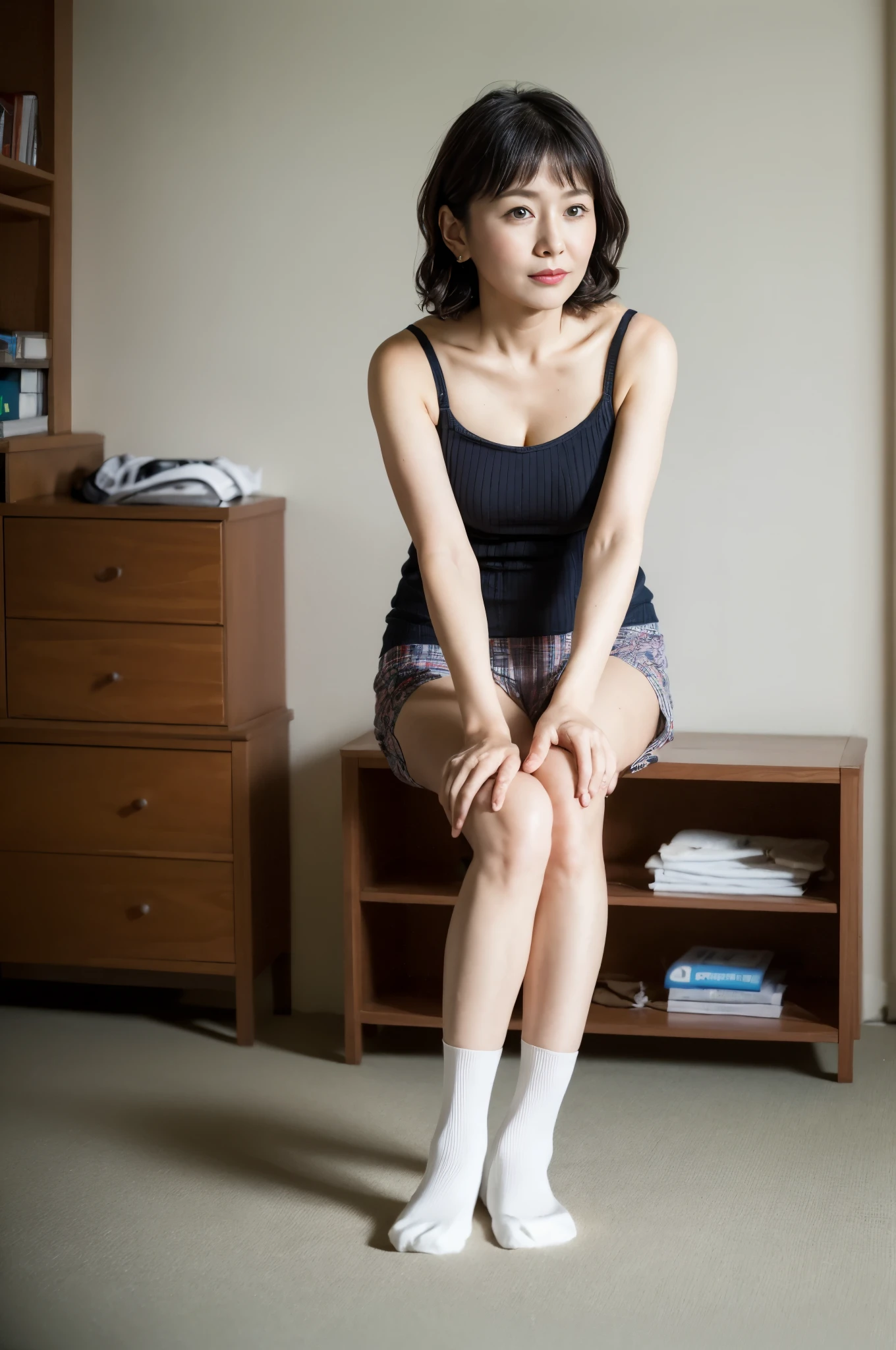 ((Best Quality, 8k, Masterpiece, Portrait)), Photorealistic, Sharp Focus, 1 Beautiful Japan Milf, (looking at viewer, from front, same level), ((Wearing Panties, Sox, Camisole)), Cloth with Cleavage View, 30 Years Old, Wavy Hair, Wrinkles at the Corners of the Eyes, (loose waist:0.5), ((Open your legs wide with one knee up:1.5, show crotch)), (open mouth:0.7), darkness room,