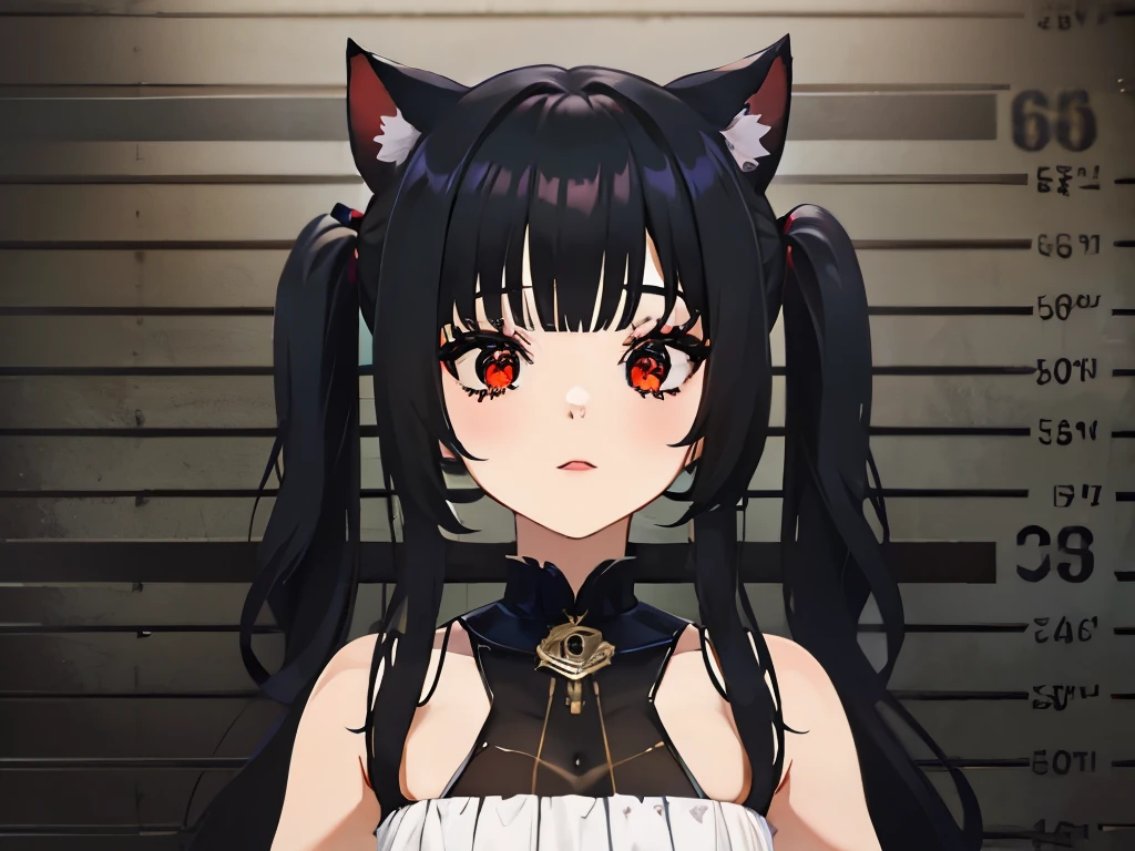 Locked in a The cell, Tras las rejas, pecho enorme, escote, gran culo, prisionero, Mono carcelario a rayas, lineas blancas y negras, lineas blancas y negras, The cell, bloqueado, esposado, escote, ,((long hair slightly wavy slightly past the shoulders, black bangs, small black pigtails on the sides, cute cat ears, beautiful thin red eyes)),