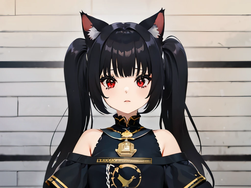 Locked in a The cell, Tras las rejas, pecho enorme, escote, gran culo, prisionero, Mono carcelario a rayas, lineas blancas y negras, lineas blancas y negras, The cell, bloqueado, esposado, escote, ,((long hair slightly wavy slightly past the shoulders, black bangs, small black pigtails on the sides, cute cat ears, beautiful thin red eyes)),