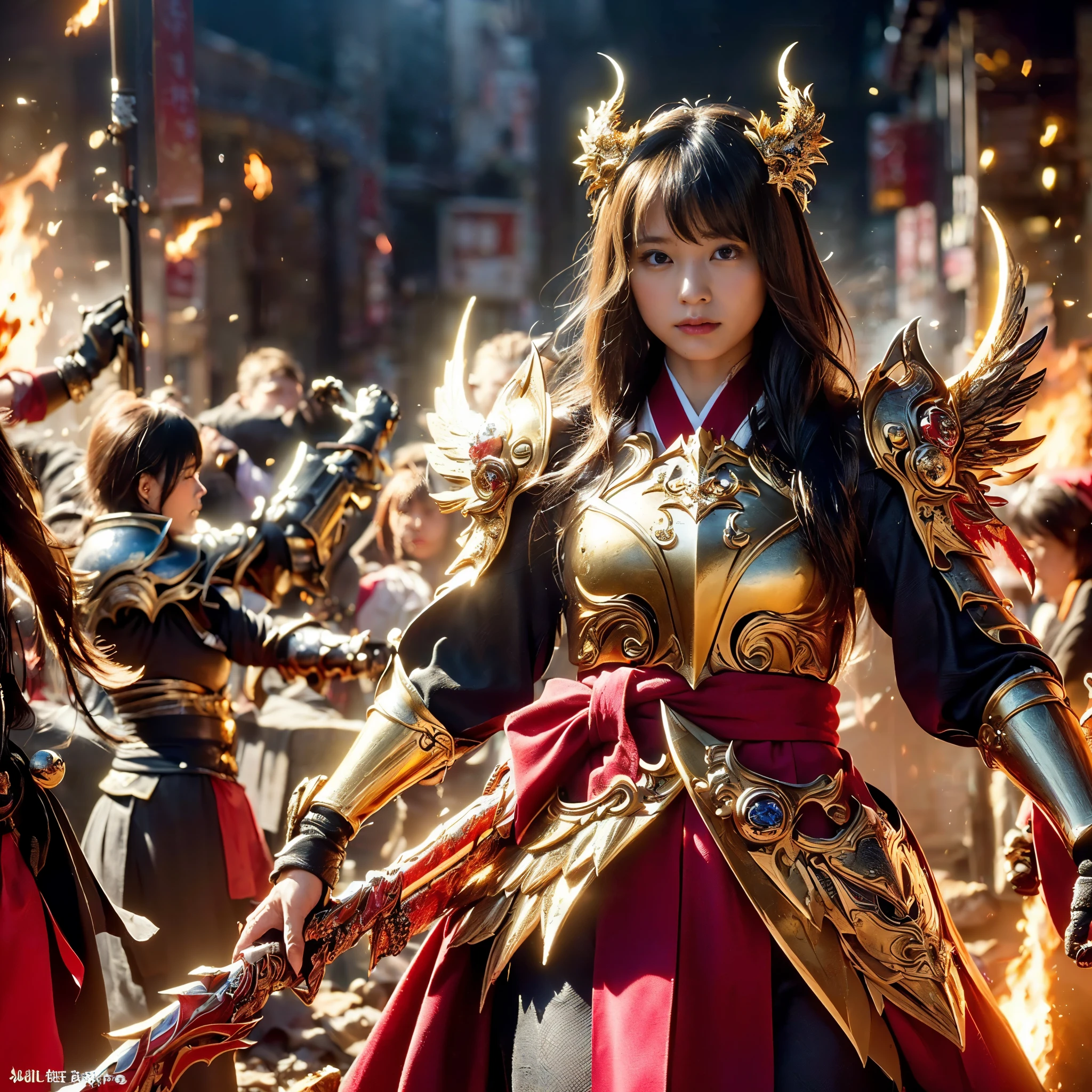(((Realistic, masterpiece, best quality, crisp detail, high definition, high detail, very rich detail, sharp focus, sharp detail, colorful, perfect studio lightning))), ((20 years old goddess, kasumi arimura)),(((in the middle of war, epic war scene, attack stance))), wearing (((beautiful ornamented golden heavy armor, decorated full body armor, fully armored beautiful kimono, golden wing,phoenix fire))), (holding beheaded head, blood scattered face, blood tears, blood bath, blood shed), (((fire everywhere, blood everywhere, death everywhere, japan bakumatsu period, dead bodies,carcass,burned japanese castle,hellish,chaos)) traditional village background)