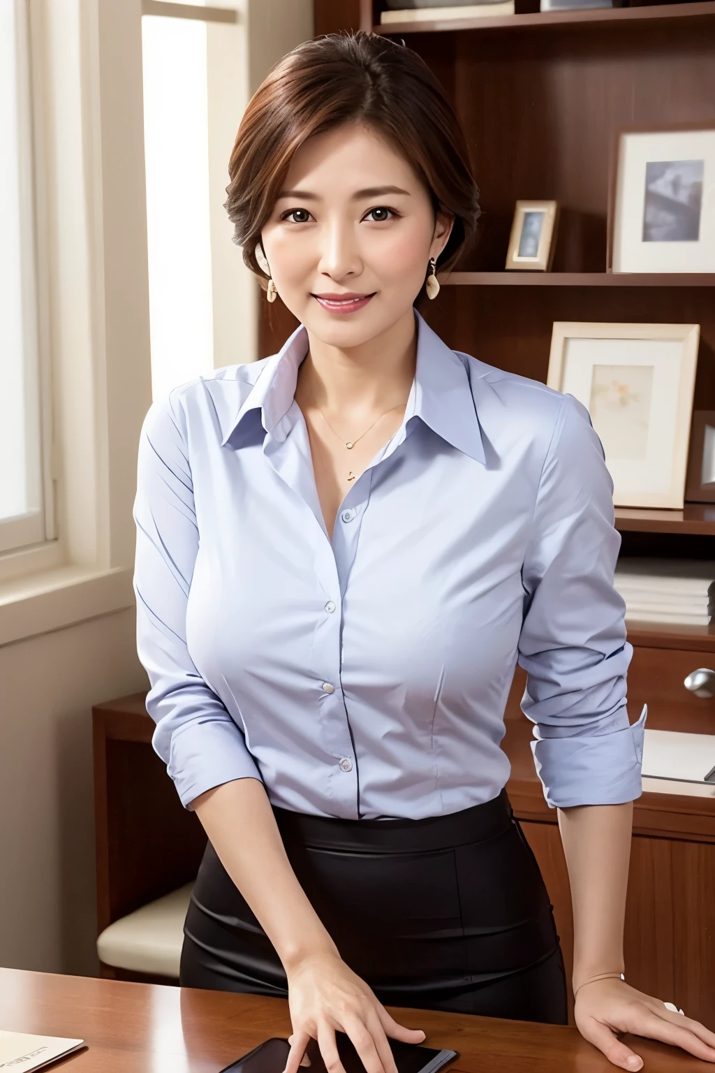 organic photography、highest quality、masterpiece、ultra high resolution、beautiful japanese old lady、50 years old、looking at the viewer、elegant face、laughter、big breasts、The chest is exposed through the business shirt、Nipples exposed through business shirt、super mini skirt、earrings、office、