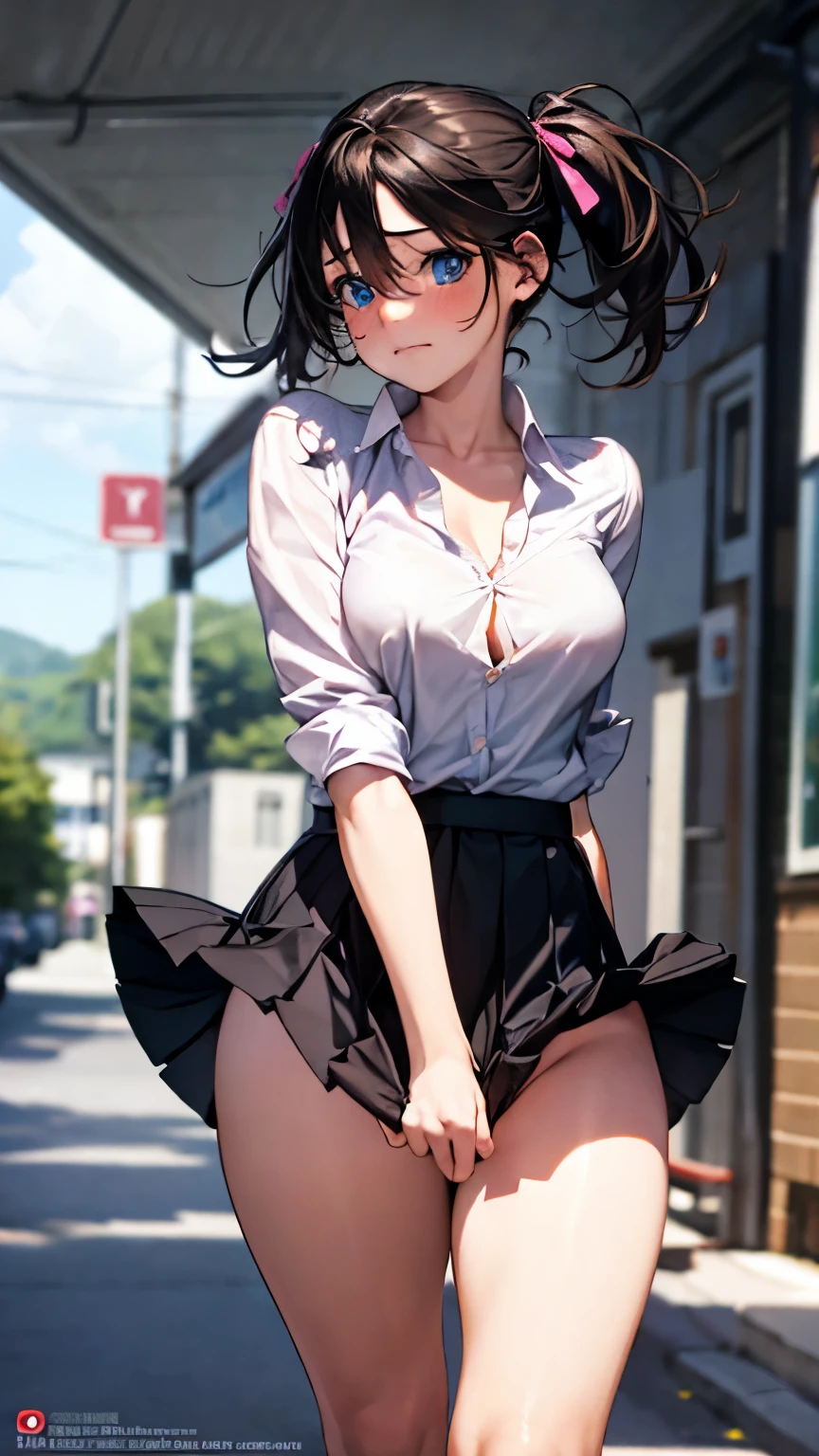 (masterpiece:1.2, highest quality), (realistic, photorealistic:1.4), beautiful illustrations, (natural side lighting, movie lighting), ,
(looking at the viewer), 1 girl, Japanese, high school girl, perfect face, Cute symmetrical face, shiny skin, ,
(middle hair:1.5, twin tails:1.7, blonde), hair between eyes, blue eyes, long eyelash, (big breasts:0.9, thick thighs),
beautiful hair, beautiful face, detailed and beautiful eyes, beautiful clavicle, beautiful body, beautiful breasts, beautiful thighs, beautiful feet,
((black pleated mini skirt, black stockings, unbuttoned white shirt)), black hair ribbon, pink panties,
(beautiful scenery), daytime, riverside, (facing the front), (impatient look, cheeks turn red, embarrassed look), (((Skirt pulling, wind lift))),