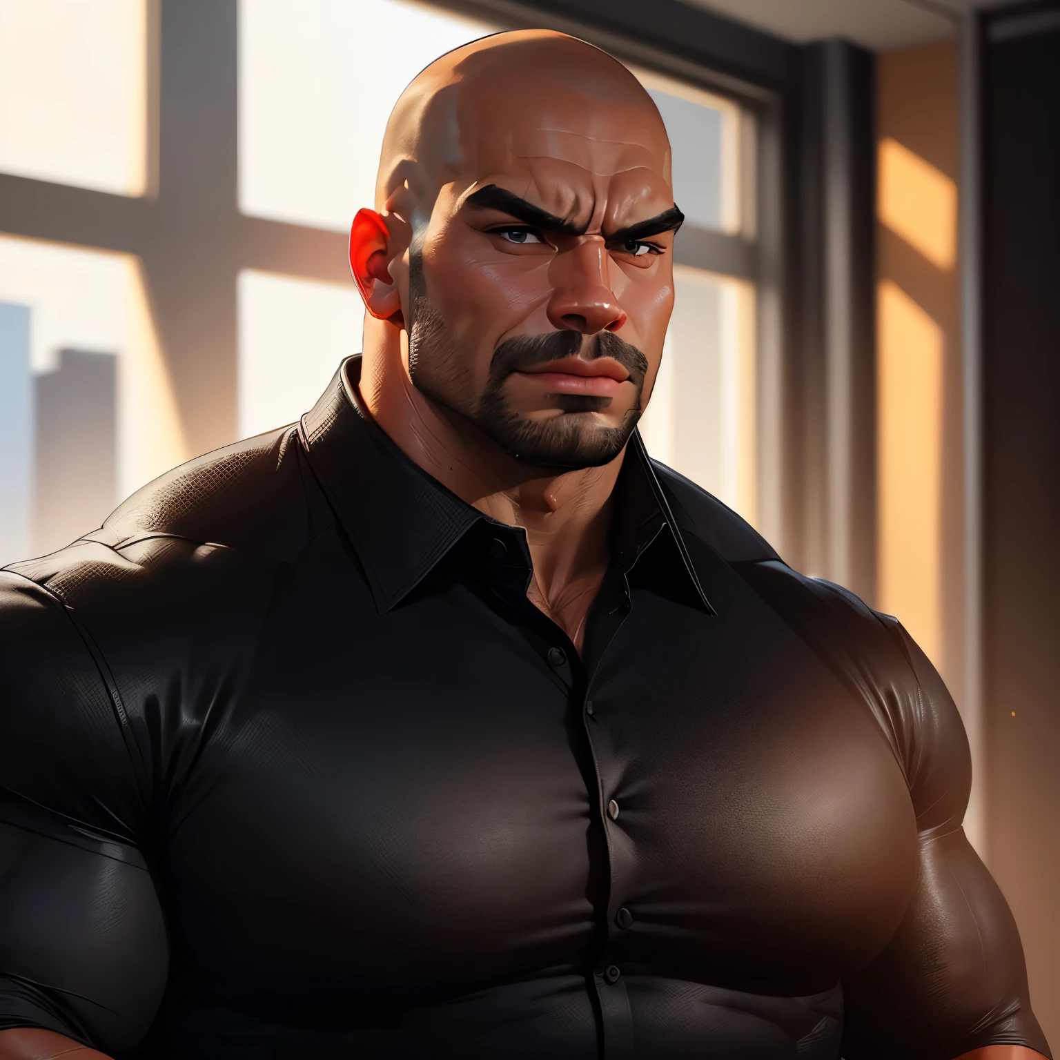 an exaggeratedly muscular and large bald bodyguard, beefy build, mixed race, (wearing black business casual collared shirt: 1.2), name tag, (bara pecs: 1.3), (arm and chest hair: 1.1), close-up portrait HD, bright corporate office with large windows