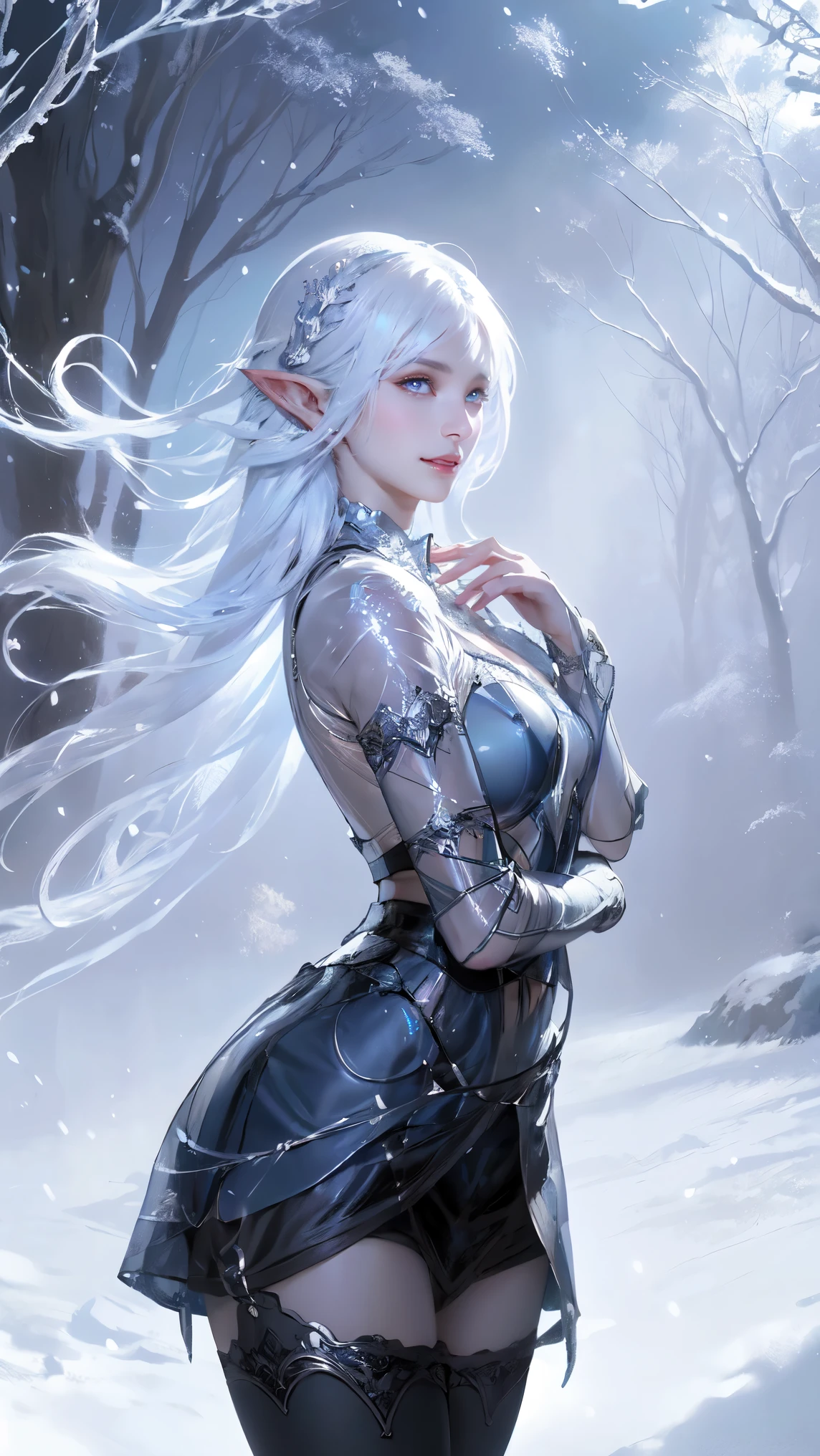 (front view), (Best Quality, A high resolution, Ultra - detailed, current), White, A world covered in silver, branches covered in snow, touch chill of winter, Snowflakes dance like elves, Turn the world into a silver fairy tale, chill, Quiet and beautiful snow scene., Cozy Quiet, (seaArt 2.1), (background frozen white trees snow falling:1.4) , (beautiful blue eyes big black stones:1.4) , (cowboy pose), (realistic) ,8K high quality detailed art, Fanart Best ArtStation, Fantasy art style, (black lolita short pulled-up transparent miniskirt:1.4), (showing pussy), (naked hairy pussy), stocking bra, leggings white,