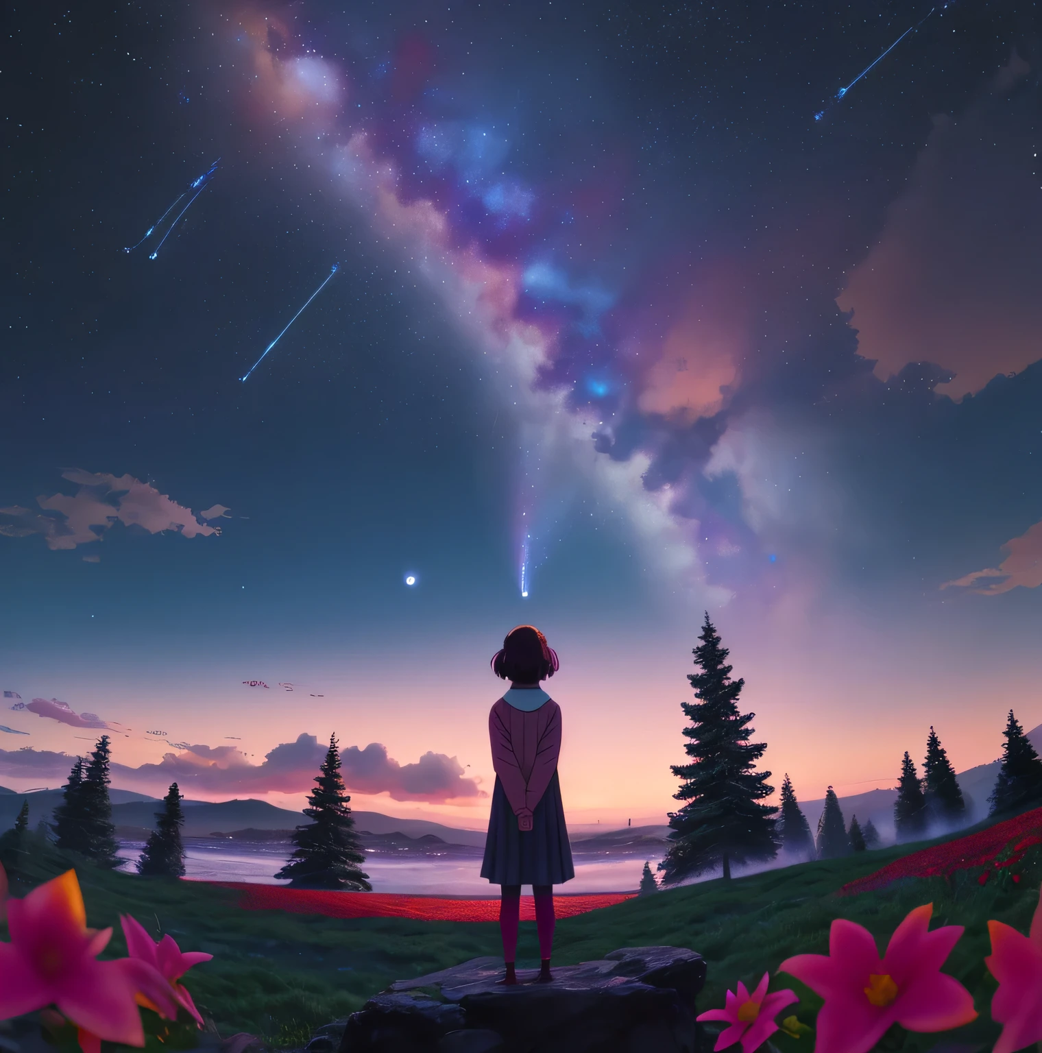 1 person、Fighting girl staring at the stars(zoomed out:1.1)、(star swarm:1.2)、(trees :1.1)、yourname、moon、from the rear、fireplace 、city in distance 、red flowers 、Highest quality standing in the field、masterwork、clouds、colourfull、foggy sky、stele