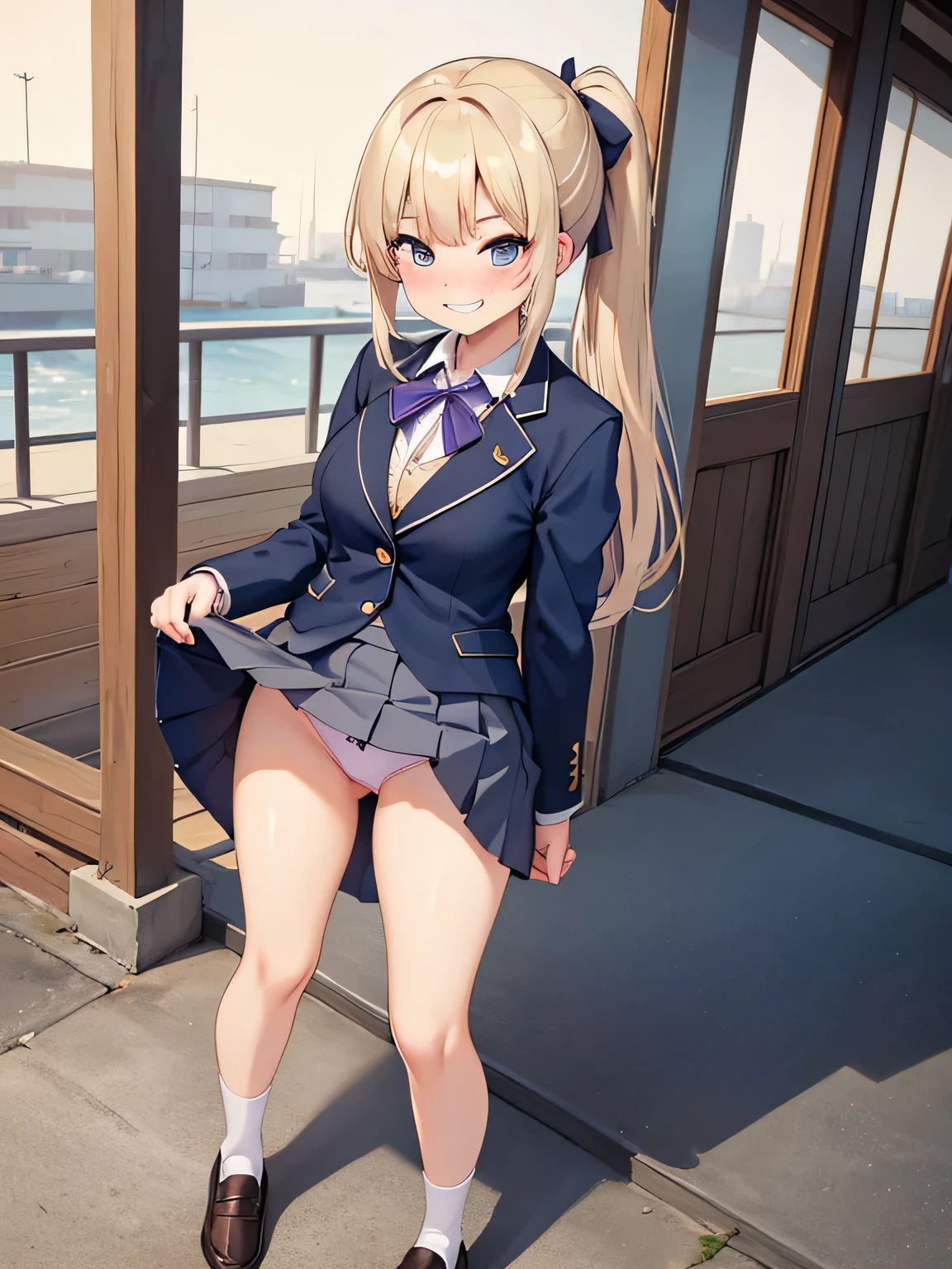 (masterpiece、highest quality、High resolution、realistic pictures、real looking skin:1.1)、
(There is one high school girl:1.5)、
(The woman lifts her skirt with both hands and reveals her panties.々I&#39;m showing it to:1.8)、
(Blonde short ponytail:1.5)、
(standing:1.5)、
(Shy but grinning smile:1.8)、
(I am wearing a navy blue blazer, which is my high .:1.8)、
(She is wearing the gray miniskirt of her high .:1.8)、
(Both feet are wearing black loafers:1.8)、
(Both feet are wearing long loose white socks with very wrinkled edges.:1.8)、
(The socks are the same color and length for both feet.:1.8)、
(fancy purple panties:1.5)、
(two arms:1.5)、
(2 legs:1.5)、
(The location is the high school courtyard.:1.2)、
1 Japanese girl、solo、full body esbian、beautiful eyes、shining eyes、NSFW