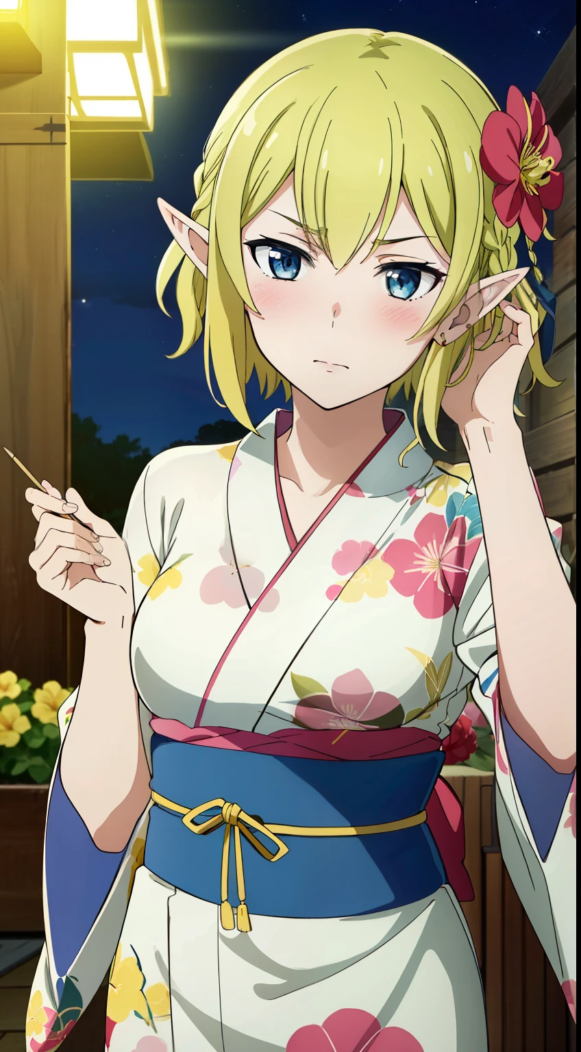 masterpiece,highest quality,anime,2D,
1 girl, alone, No expression,pointed ears, 緑 hair, goblin, blue eyes, short hair,緑 hair,Floral Yukata,blush,braid hair,hair ornaments,Summer festival,night,stylish pose,stylish angle,(lively_color:1.2),(beautiful_medium breasts:1.2), (beautiful_face:1.4),