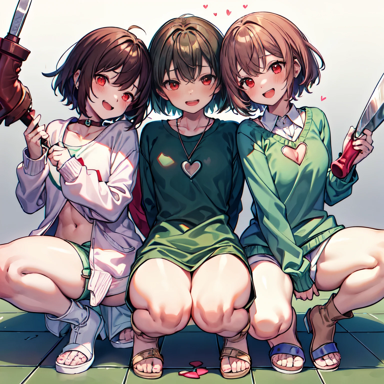 Whole-body image，white background ，blush，smile，Open mouth breathe，green dildo，squatting on dildo ，spread legs apartwhite jacket,，Chara ，sfw，canon ，fanon ，green striped sweater ，shorts ，red eyes ，brown hair ，short hair ，boots ，blush ，locket ，knife ，scoop neck ，collared ，red eyes，Opening on the clothes，Showcasing abdominal and chest muscles，white Sandals，Breast patches，love，Sexy muscles，Muscles, abdominal muscles，lesbian，hands，toes，love eyes，love and love，Floor tiles