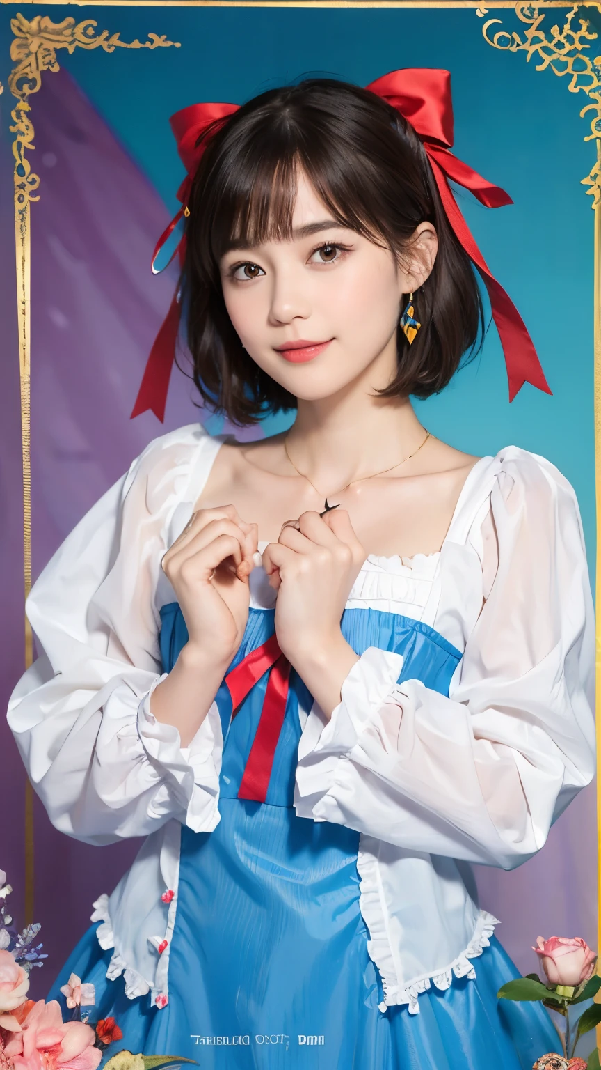 (alice in wonderland), 1, (He wears a large triangular ribbon on his head....), short hair, young woman, gentle smile, colorful clothes