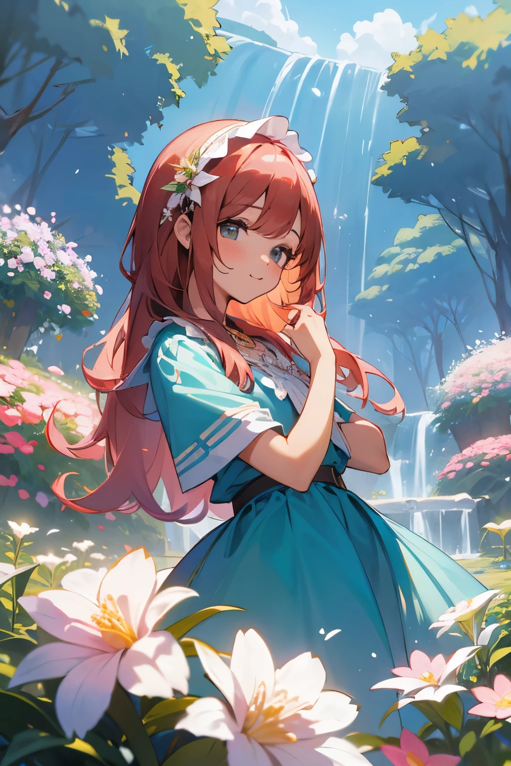 (La mejor calidad,4k,8k,Altas Resoluciones,Obra maestra:1.2),Paisaje primaveral,jardin magico, flores hermosas,cielo brillante, puerta magica aun jardin magico, nubes reboloteando, una fuente de agua cristalina, flores magicas, chica joven hermosa, cabello rubio, bestido blanco, portada de libro.