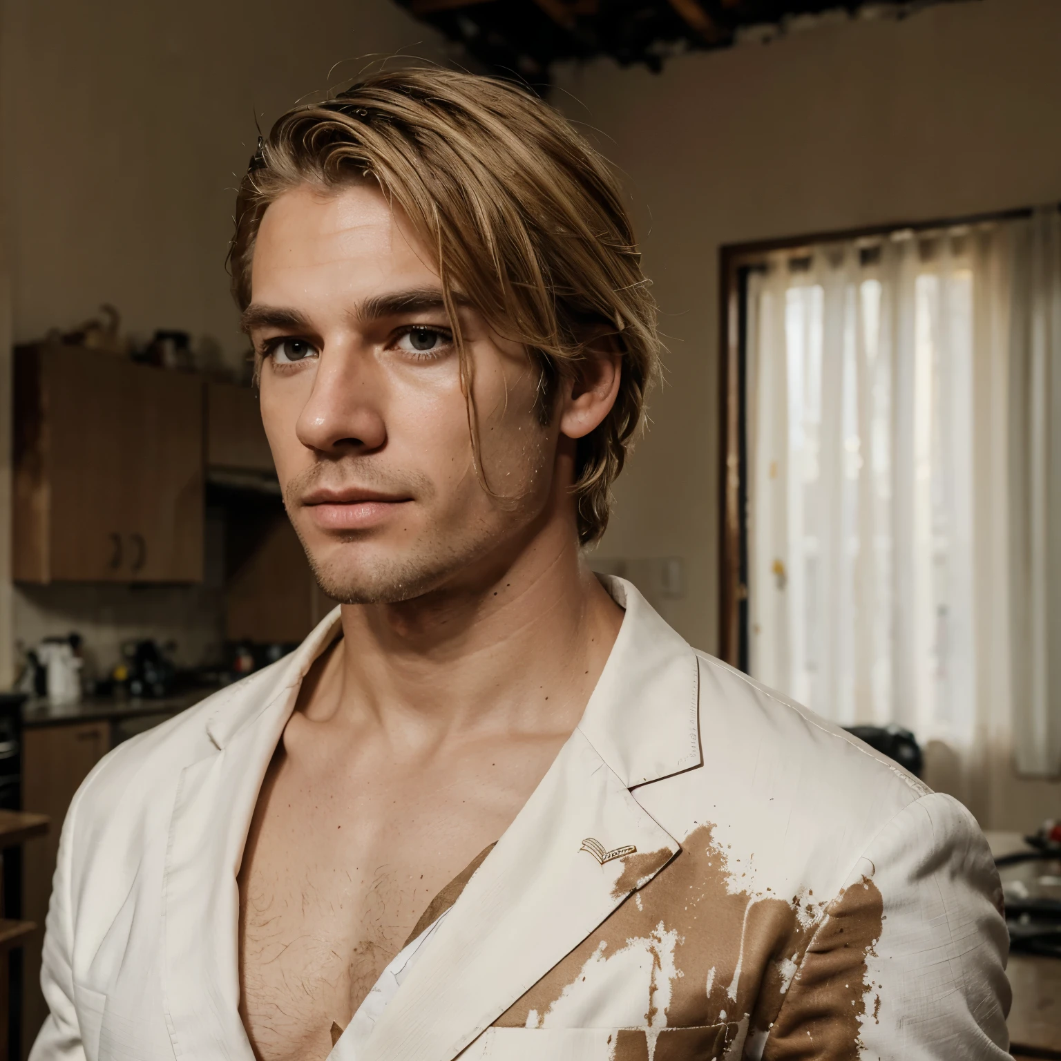 Create white man in suit with messy blond hair, where he suffered a fire accident that burned one of his arms, o esquerdo, and half of the torso from the side of the arm plus one side of his face that left one of his views, a esquerda, danificado de modo que a pupila fique opaca.