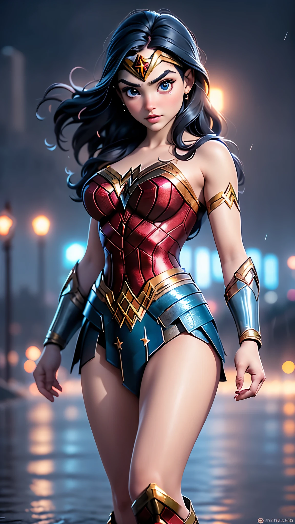 (La mejor calidad,The high resolution,Ultra - detallado,actual),Ariana Grande es la wonder woman white , (fondo nublado lluvia ciudad noche futurista ciberpunk :1.4), (mujer maravilla v2.1), More detailed 8K.motor irreal:1.4,High Definition,La mejor calidad:1.4, fotorrealista:1.4, textura de la piel:1.4, obra maestra:1.8,obra maestra, mejor calidad,objeto Objeto], (rasgos faciales detallados:1.3),(Las proporciones correctas),(Ojos hermosos azules:1.4 ),  (pose vaquero), (wonder woman white ciberpunk :1.4), (dedos detailed), (fondo invasion alienigena naves :1.4), (solo), (minifalda plastico transparente ), (cayendo lluvia noche :1.4),(pose de combate), (nube estelar:1.4), ,( ciberpunk 2.1),( estilo kawaii :1.4),( colores brillantes), (Traje white) 