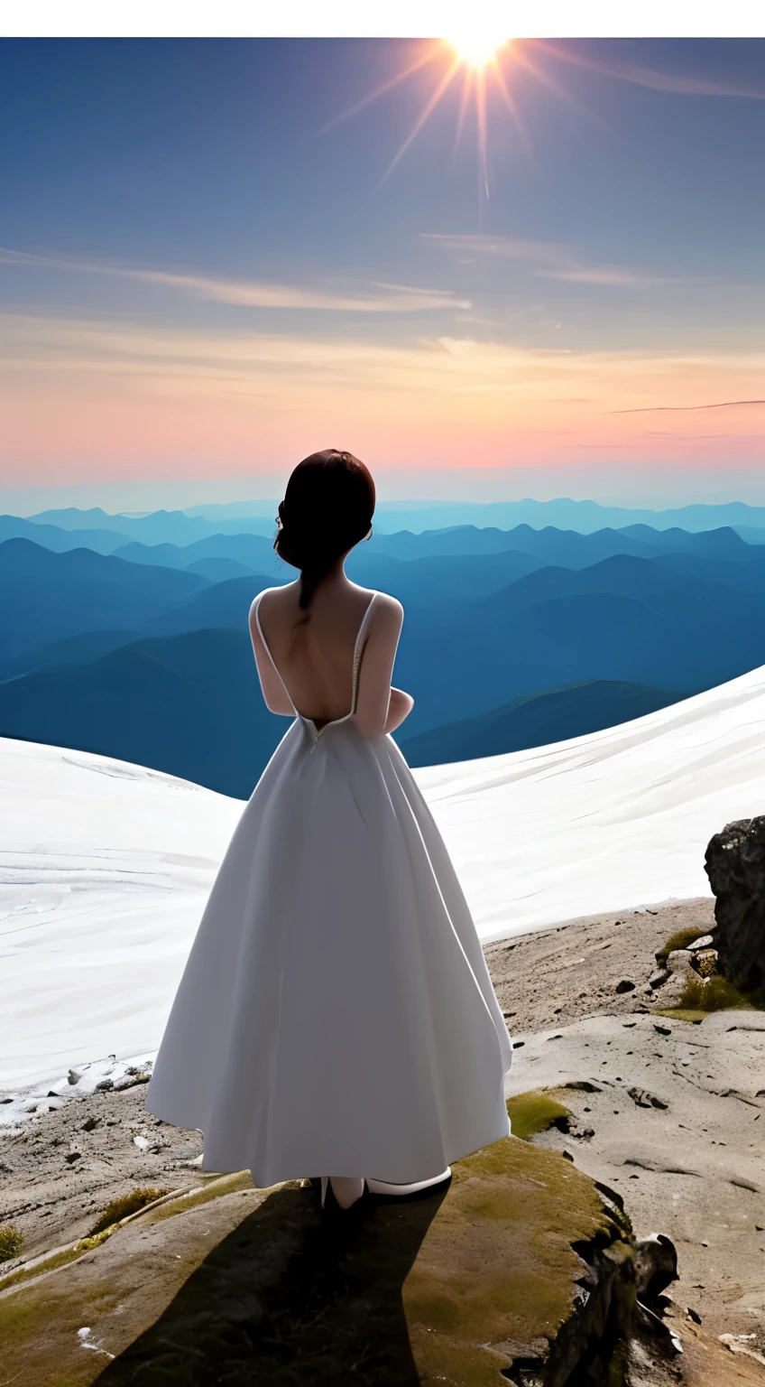 The back view of a beauty，Standing on the top of the mountain，People are particularly small，Look at the sun，