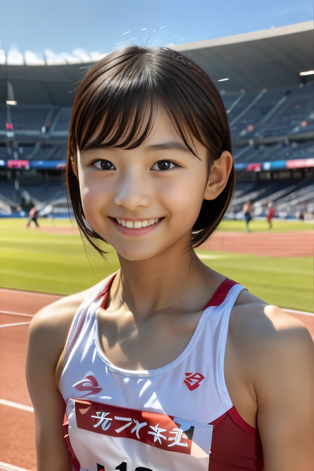 (Beautiful 6 year old Japanese female track and field athlete), cute face, (deeply carved face:0.7), (freckles:0.6), soft light,healthy white skin, shy, bob, (serious face), (sparkling eyes), athletics stadium, athlete, thin,