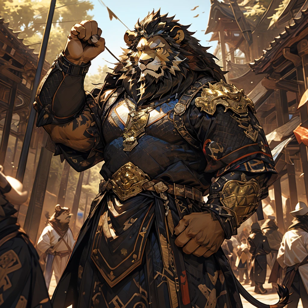 金色皮肤lion),(黑白阴阳General战袍),Holding a long sword,strong posture,stand calmly,(In the background is a city covered in forest:1.2),abdominal muscles,heroic posture飒爽,完美的masterpiece,Various facial details,distance perspective,specific description,masterpiece,CG,(golden eyes),black and white pattern,Crimson tail,General,heroic posture,lion,Black and gold fur,Specific facial details,Half body,(黑白阴阳General战履),(Chang Ling),((middle aged)),(Face focus),(16K),HD,black and white belly,temple,beard,(Face line),different students,(Black and white yin and yang shirt),(Black and blond hair),Strong,muscle,(High resolution:1.3),(Standing in front of a city covered by forest),(close up),(Detailed face:1.5),Perfect details,(Half body),(Detailed depiction of face:1.5),(Zoom in on face:1.5),(白色Face line:1.2),(黑色beard:1.3),(white face;1.6),golden body lion
