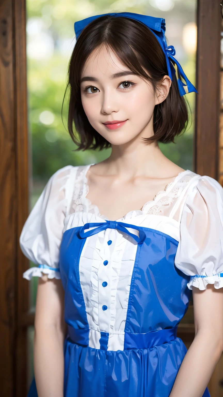 (alice in wonderland), 1, (He wears a large triangular ribbon on his head....), short hair, young woman, gentle smile, colorful clothes