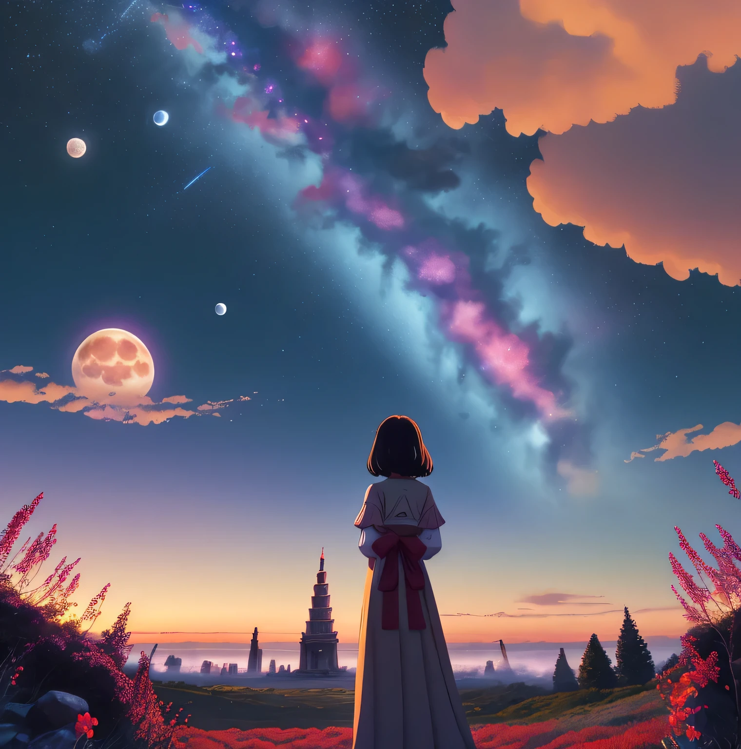 1 person、Fighting girl staring at the stars（zoomed out：1.1）、（Moonlight :1.1 ）、（trees ：1.1）、yourname、moon、from the rear、fireplace 、city in distance 、red flowers 、Highest quality standing in the field、masterwork、​​clouds、colourfull、foggy sky、stele