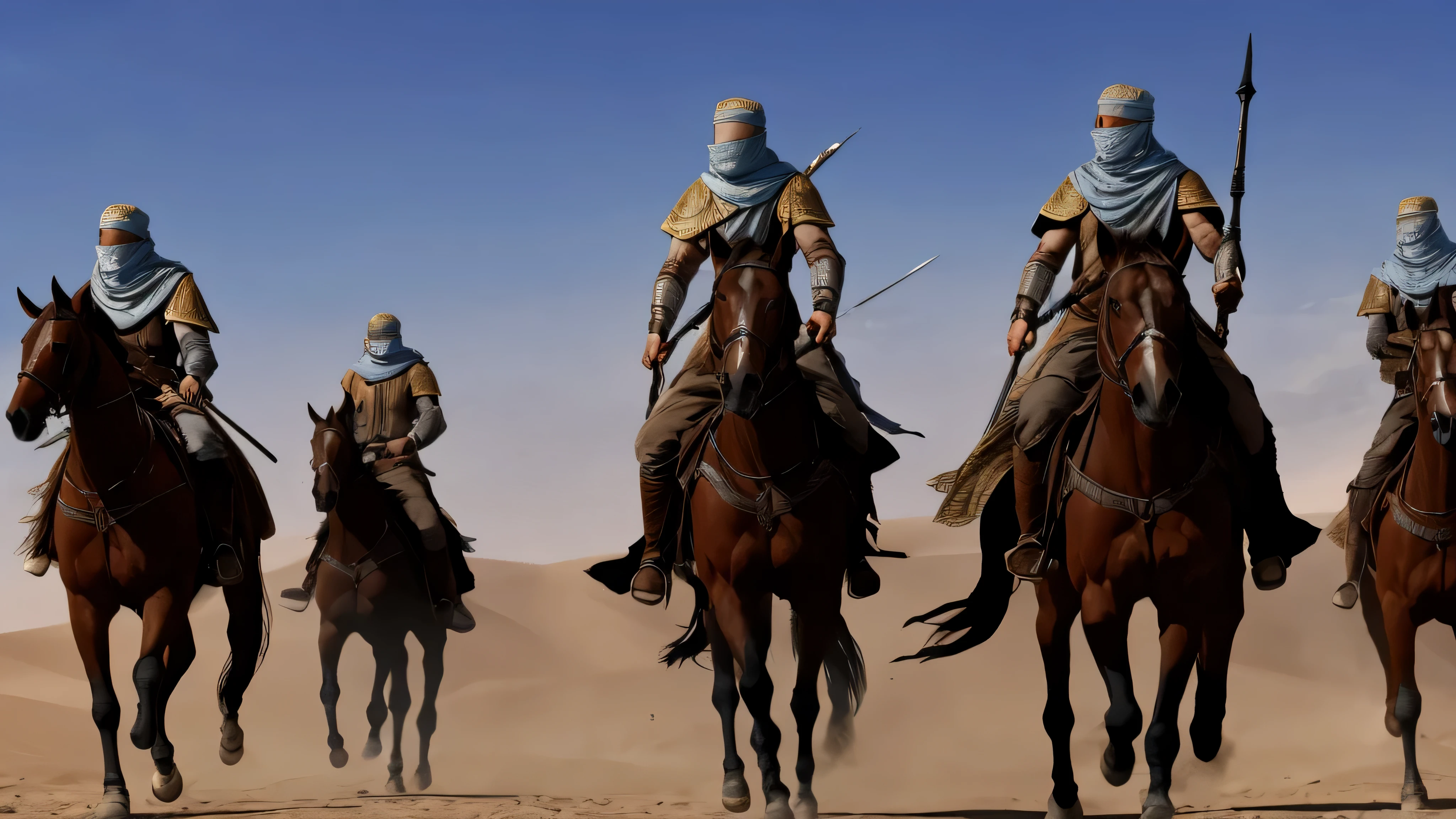 veiled faces arabic men warriors on horses in the battle of desert [7th Century] [Historic] [Dark Background] [Graphic VFX] [Ultra Realistic]