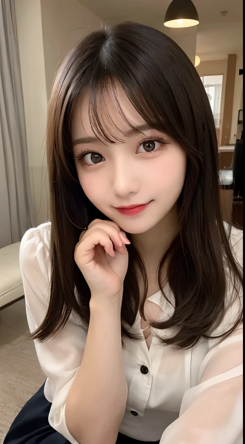 table top, highest quality, shape, Super detailed, finely, High resolution, 8k wallpaper, 完璧なダイナミックな構shape, beautiful and detailed eyes, small breasts, natural color lip, ランダムなsexy pose,smile,20 year old girl、Beautiful and dense face、perfect and beautiful face,Big eyes、real photos(best image quality),cute face、cute、blouse(black)、pleated skirt、Blurred tower apartment living room background、sexy pose