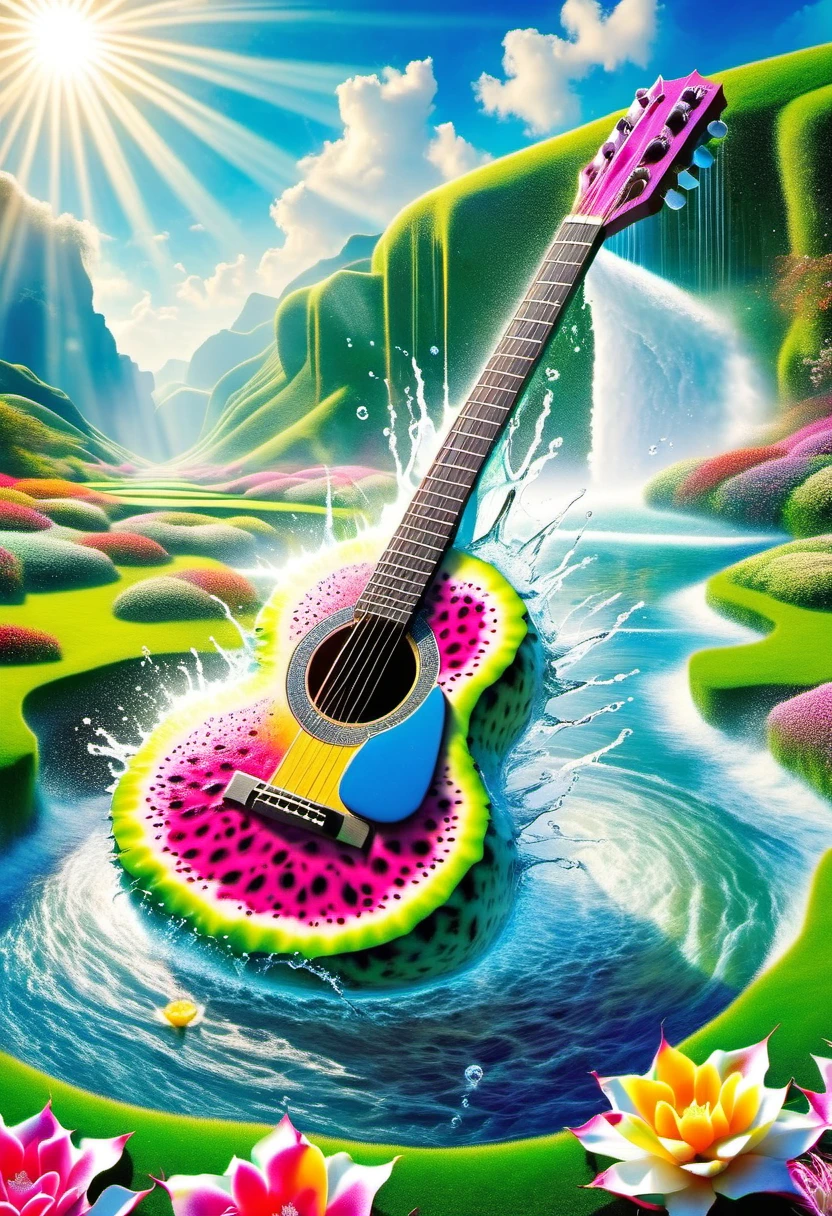 A guitar made of dragon fruit floats in the river, half leaking out, surrounded by a small amount of green grass and flowers. The sunlight shone on its face, creating a beautiful scene. It has a surreal style, bright colors, and high-definition photography. I can't believe how beautiful these photos are! High definition, high-resolution, wide-angle lens, panoramic, water splashing effect, floating instrument, natural scenery, brilliant sunshine. Surrealist style, ((Marc Chagall style)), Amazing naive art, primitivism, original gene,((best quality, masterpiece)), (higher detail), Impressionism:1.1, 8K
