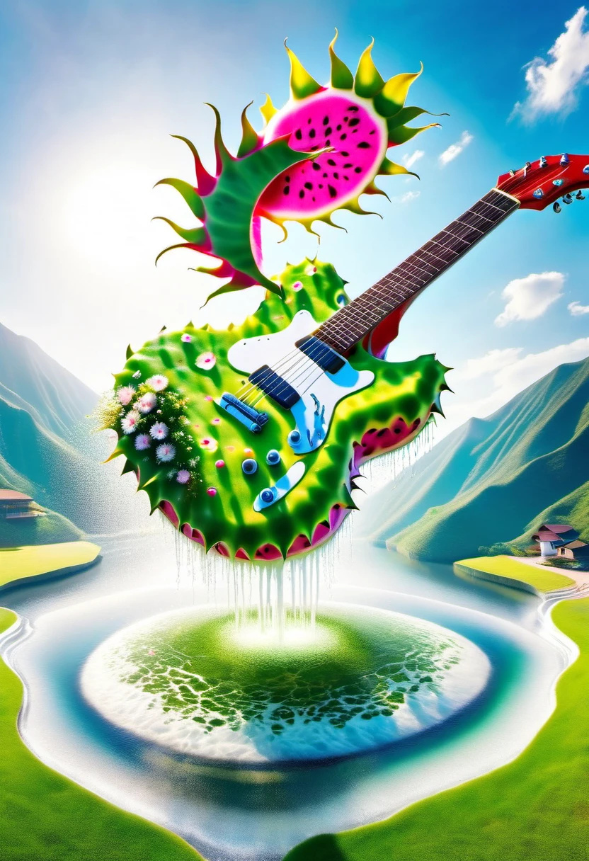 A guitar made of dragon fruit floats in the river, half leaking out, surrounded by a small amount of green grass and flowers. The sunlight shone on its face, creating a beautiful scene. It has a surreal style, bright colors, and high-definition photography. I can't believe how beautiful these photos are! High definition, high-resolution, wide-angle lens, panoramic, water splashing effect, floating instrument, natural scenery, brilliant sunshine. Surrealist style, ((Marc Chagall style)), Amazing naive art, primitivism, original gene,((best quality, masterpiece)), (higher detail), Impressionism:1.1, 8K