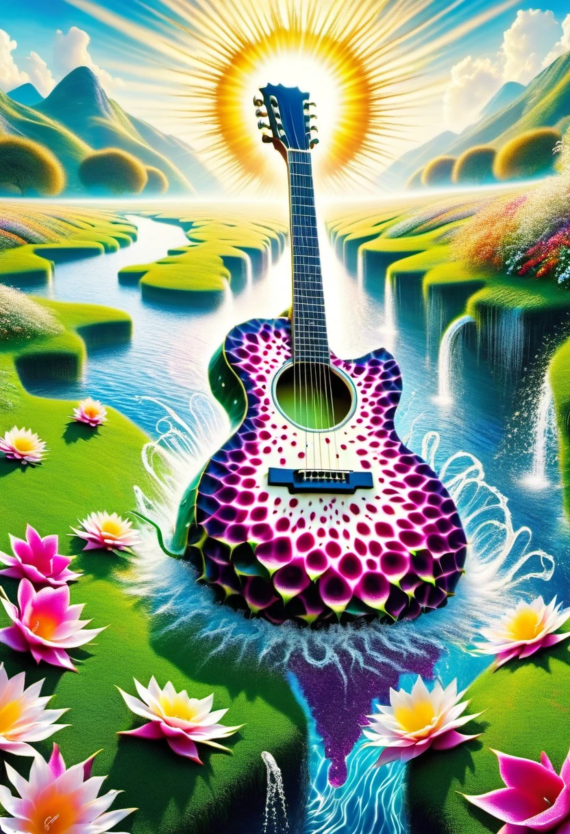 A guitar made of dragon fruit floats in the river, half leaking out, surrounded by a small amount of green grass and flowers. The sunlight shone on its face, creating a beautiful scene. It has a surreal style, bright colors, and high-definition photography. I can't believe how beautiful these photos are! High definition, high-resolution, wide-angle lens, panoramic, water splashing effect, floating instrument, natural scenery, brilliant sunshine. Surrealist style, ((Marc Chagall style)), Amazing naive art, primitivism, original gene,((best quality, masterpiece)), (higher detail), Impressionism:1.1, 8K