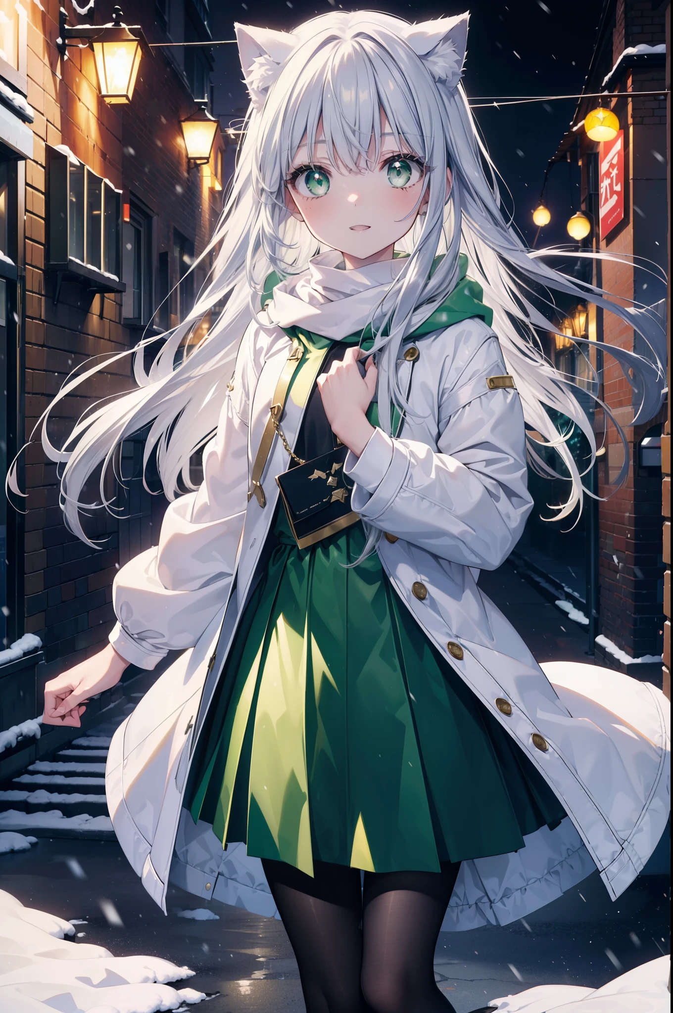 index, index, (green eyes:1.5), silver hair, long hair, (flat chest:1.2),Cat ear,cat tail,blush,smile,open your mouth,gray handbag,yellow long coat, white hoodie, black long skirt,black pantyhose,Mini Boots,winter,night,cold sky,snow is scattered,It&#39;s snowing,background　big christmas tree,
break looking at viewer, Upper body, whole body,
break indoors, In town,building street,
break (masterpiece:1.2), highest quality, High resolution, unity 8k wallpaper, (figure:0.8), (detailed and beautiful eyes:1.6), highly detailed face, perfect lighting, Very detailed CG, (perfect hands, perfect anatomy),