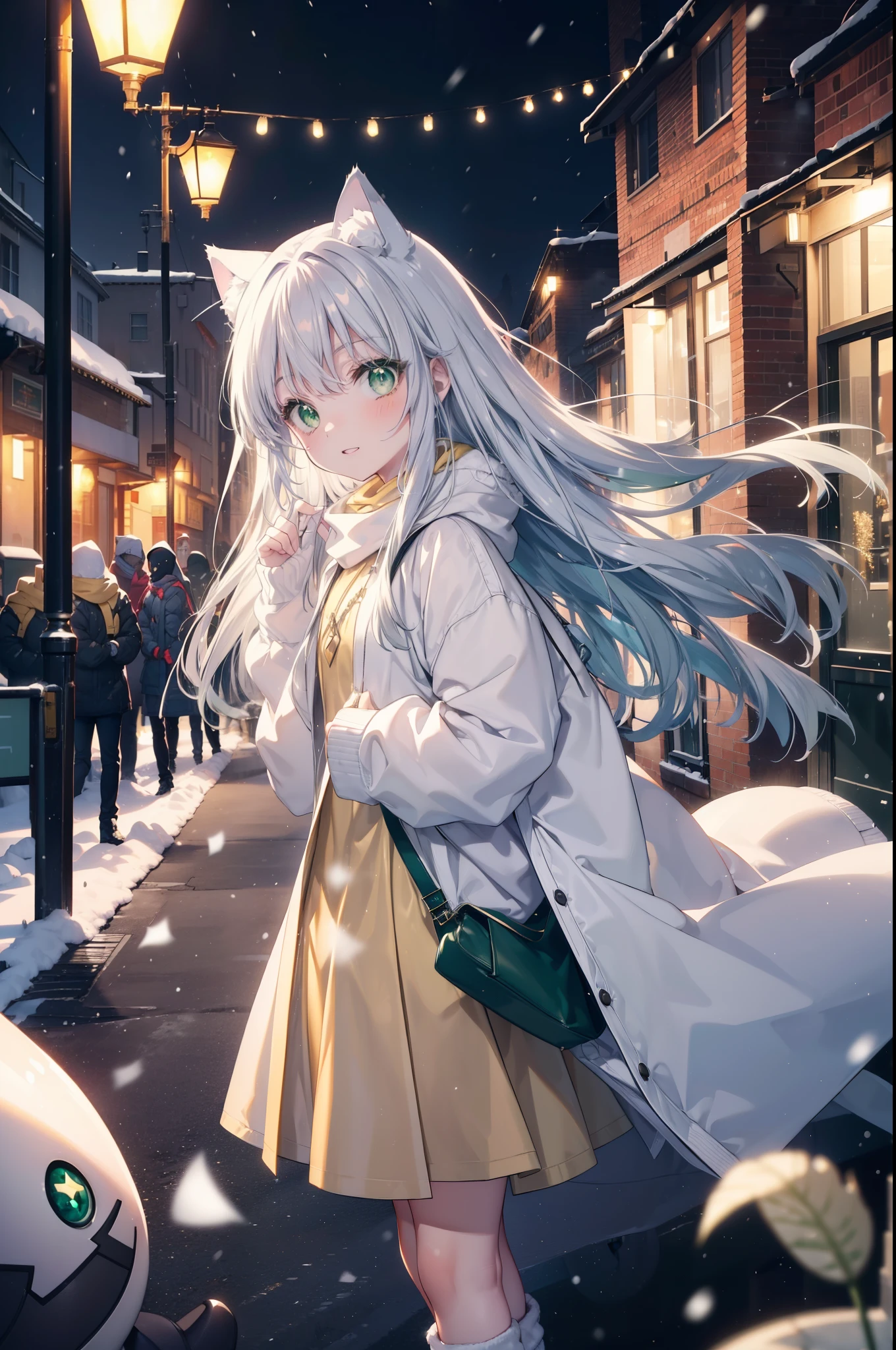 index, index, (green eyes:1.5), silver hair, long hair, (flat chest:1.2),Cat ear,cat tail,blush,smile,open your mouth,gray handbag,yellow long coat, white hoodie, black long skirt,black pantyhose,Mini Boots,winter,night,cold sky,snow is scattered,It&#39;s snowing,background　big christmas tree,
break looking at viewer, Upper body, whole body,
break indoors, In town,building street,
break (masterpiece:1.2), highest quality, High resolution, unity 8k wallpaper, (figure:0.8), (detailed and beautiful eyes:1.6), highly detailed face, perfect lighting, Very detailed CG, (perfect hands, perfect anatomy),