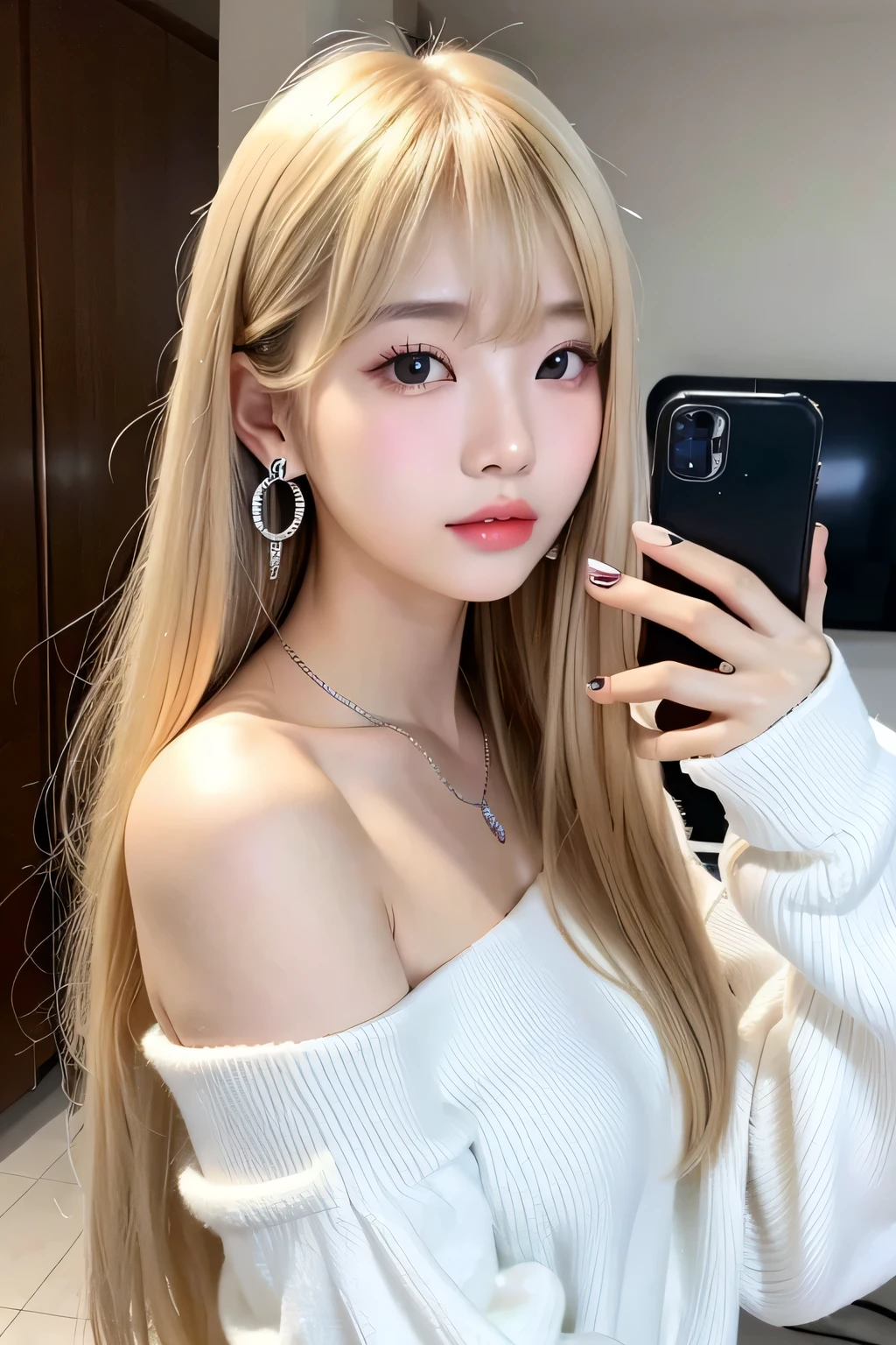 asian girl, blonde long hair with bangs, posing for photo. uzzlang. korean. beautiful with big , close up picture, selfie, indoor, douyin makeup, wearing long sleeve white off shoulder shirt, wearing silver earrings and silver necklace.