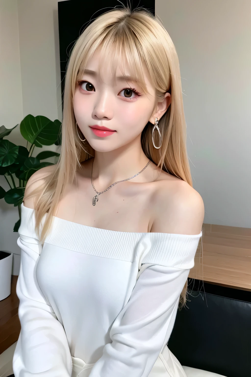 asian girl, blonde long hair with bangs, posing for photo. uzzlang. korean. beautiful with big , close up picture, selfie, indoor, douyin makeup, wearing long sleeve white off shoulder shirt, wearing silver earrings and silver necklace.