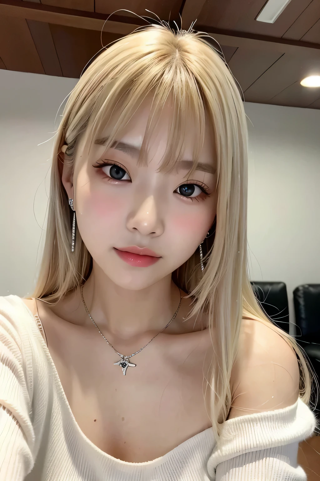 asian girl, blonde long hair with bangs, posing for photo. uzzlang. korean. beautiful with big , close up picture, selfie, indoor, douyin makeup, wearing long sleeve white off shoulder shirt, wearing silver earrings and silver necklace