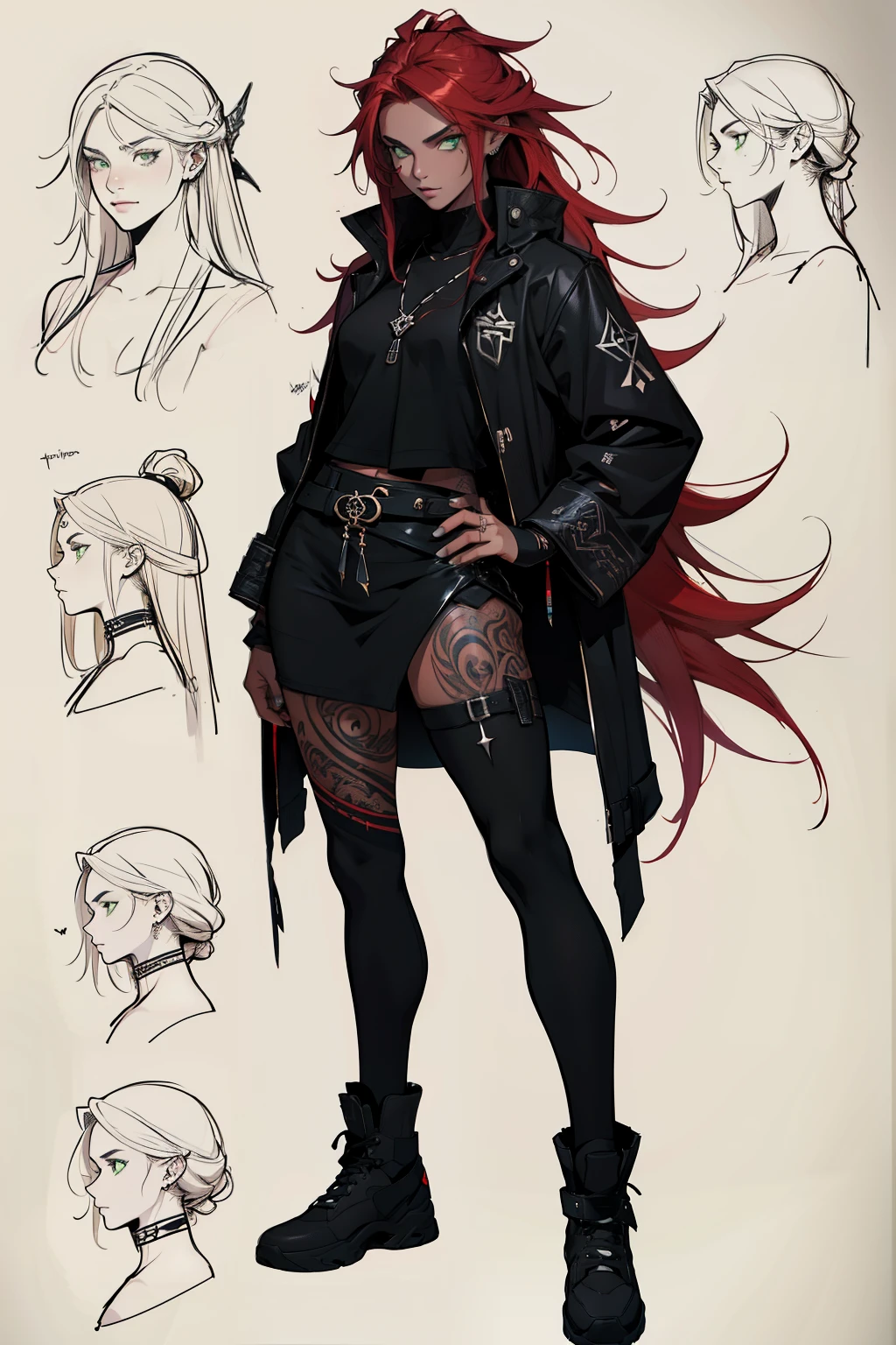 1 girl, caitlyn arcane hair, teenager, rock jacket, black clothing, red hair, light background, full body, long hair, teenager, tribal tattoo, colorful parts, sketchbook, hand drawn hand, witch symbols, dark , bold, realistic sketch, sketch, mixing dark lines and loose lines, bold lines, on paper, turn on character sheet, human woman, green eyes, full body, imposing pose, lots of details, stylish outfit, witch symbols, runes , dark theme , black shirt, beautiful, pretty, modest