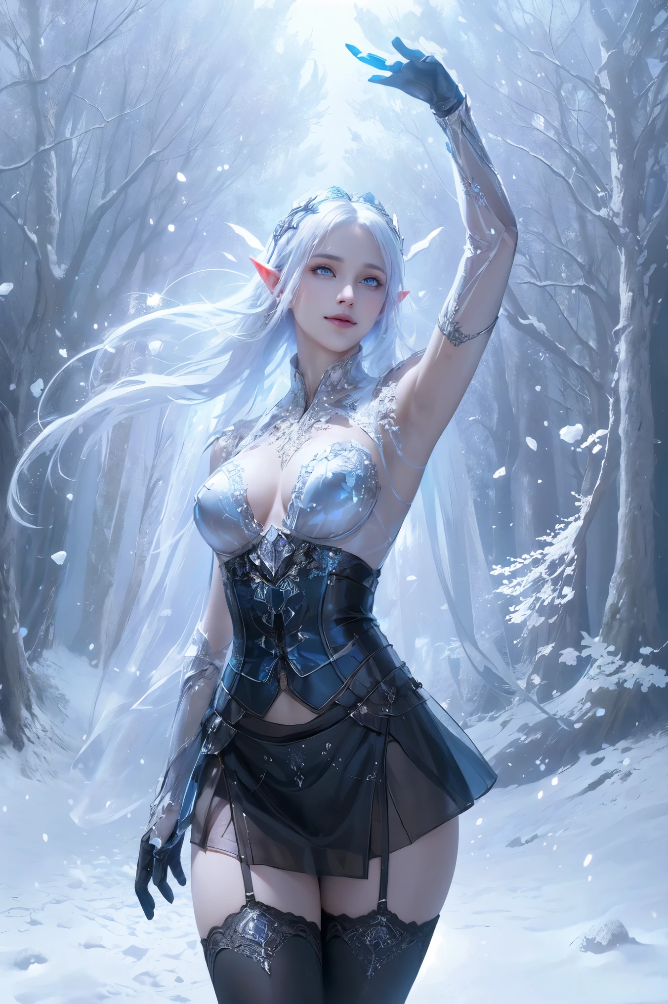 (front view), (Best Quality, A high resolution, Ultra - detailed, current), White, A world covered in silver, branches covered in snow, touch chill of winter, Snowflakes dance like elves, Turn the world into a silver fairy tale, chill, Quiet and beautiful snow scene., Cozy Quiet, (seaArt 2.1), (background frozen white trees snow falling:1.4) , (beautiful blue eyes big black stones:1.4) , (cowboy pose), (realistic) ,8K high quality detailed art, Fanart Best ArtStation, Fantasy art style, (black lolita short pulled-up transparent miniskirt:1.4), (showing pussy), (naked hairy pussy), stocking bra, leggings white,