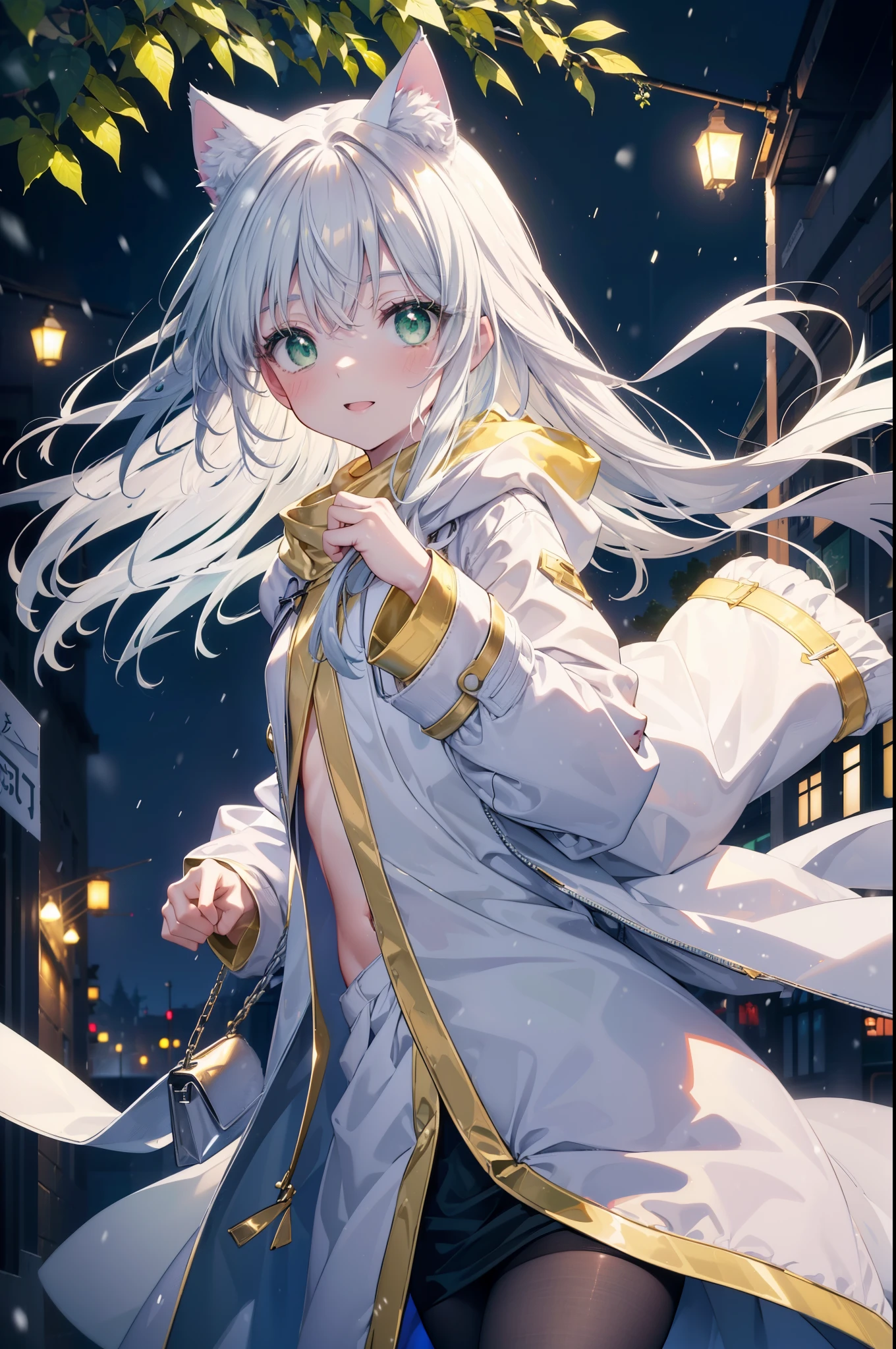 index, index, (green eyes:1.5), silver hair, long hair, (flat chest:1.2),Cat ear,cat tail,blush,smile,open your mouth,gray handbag,yellow long coat, white hoodie, black long skirt,black pantyhose,Mini Boots,winter,night,cold sky,snow is scattered,It&#39;s snowing,background　big christmas tree,
break looking at viewer, Upper body, whole body,
break indoors, In town,building street,
break (masterpiece:1.2), highest quality, High resolution, unity 8k wallpaper, (figure:0.8), (detailed and beautiful eyes:1.6), highly detailed face, perfect lighting, Very detailed CG, (perfect hands, perfect anatomy),