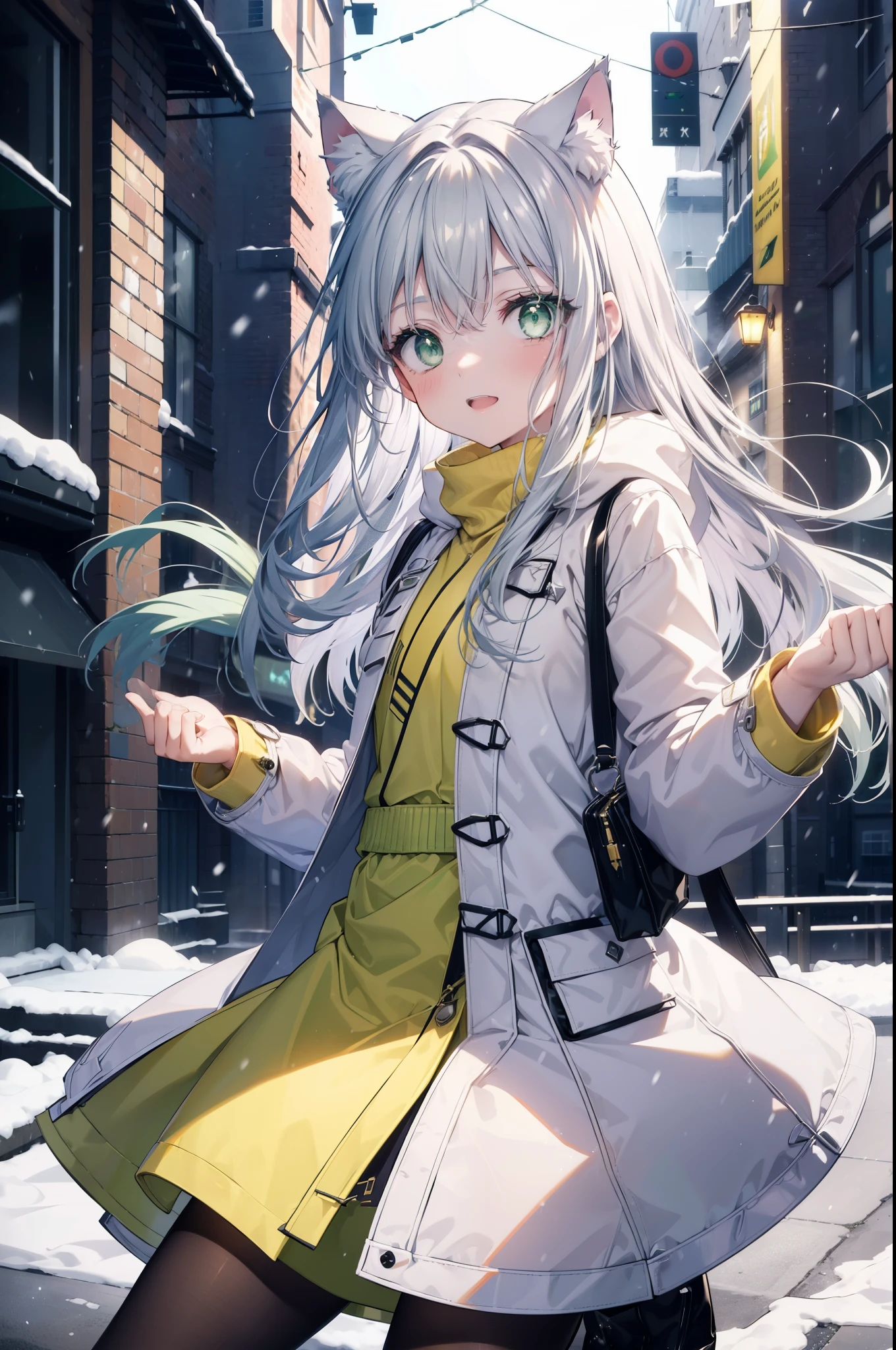 index, index, (green eyes:1.5), silver hair, long hair, (flat chest:1.2),Cat ear,cat tail,blush,smile,open your mouth,gray handbag,yellow long coat, white hoodie, black long skirt,black pantyhose,Mini Boots,winter,night,cold sky,snow is scattered,It's snowing,background big christmas tree,
break looking at viewer, Upper body, whole body,
break indoors, In town,building street,
break (masterpiece:1.2), highest quality, High resolution, unity 8k wallpaper, (figure:0.8), (detailed and beautiful eyes:1.6), highly detailed face, perfect lighting, Very detailed CG, (perfect hands, perfect anatomy),