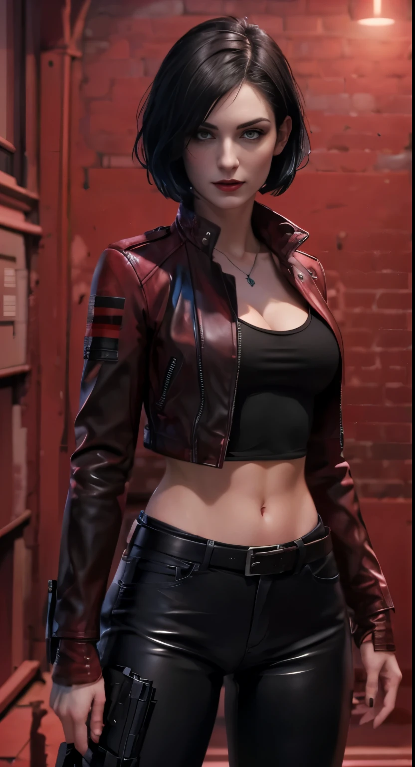 a beautiful 25 year old British mercenary vampire with short black hair, pale skin, wearing red leather jacket and tight black pants, segurando pistolas duplas, Vista de frente, tiro da cintura para cima, dynamic pose, ambient lighting, Foto Realismo, detalhe intrincado do rosto, intricate hand details, altamente detalhado, cores vibrantes, cinematic, High definition, trends in Artstation raw style