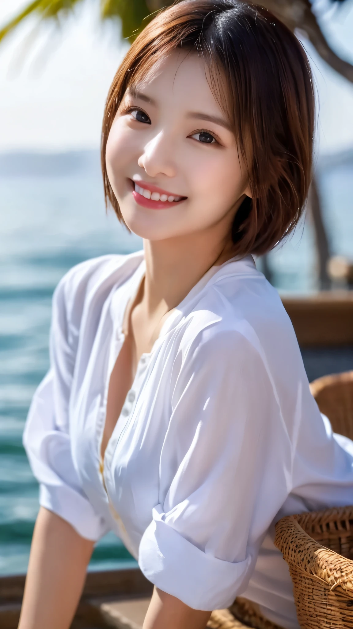 table top、(highest quality、4k、8k、High resolution、master piece: 1.2)、Super detailed、(real、photorealistic、photorealistic: 1.37)、full body shot、whiteＴshirt、Complex and beautiful eyes、woman、short hair、natural color lip、bold and sexy pose、smile、Ocean、20 year old girl、Cute and sexy shot looking at the camera。