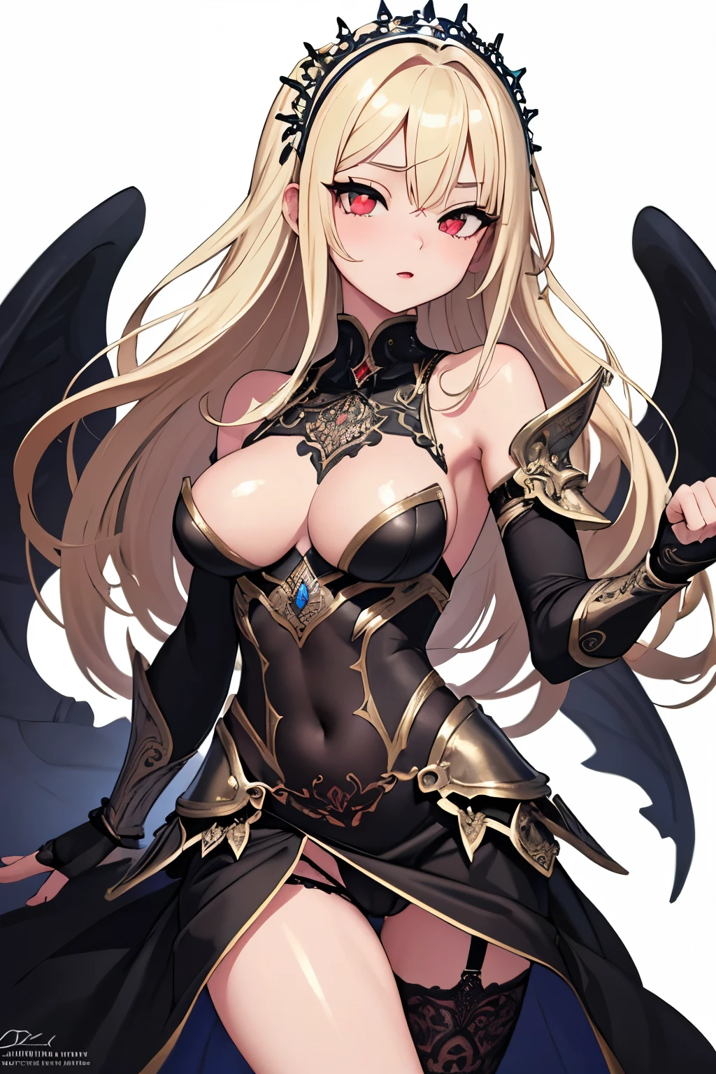 1girl, anime, cute girl, blank background, white background, fantasy, detailed fantasy dress with highlights, beautiful face, beautiful eyes, dark colors, black hair with multicolor streaks, red eye with different color pupil in eye, multicolor eye, medium small breasts (slightly big), slight cleavage, beautiful skin, cute, breast curtains, extremely delicate and beautiful, (beautiful detailed face:1.0), (detailed deep eyes), symmetrical breasts, deep eyes, shiny skin, portrait, slender waist, hips wider than shoulders, thighs, expressionless, young girl, luminous eyes, adorable，（Kpop idol）,（aegyo sal：1），（Platinum blonde hair：1），（（puffy eye）），Black panty，sexy posture，Superskirt, ultra high resolution，Black collar，slim figure, Abdominal y tattoo, womb tattoo，Tight-fitting leg ring，y tattoo on half-body，Bare skin, Armored hand，Hidden fingertips，Hand covered，Arm covered，Fist covered,{{beautiful detailed fingers}}, tufts of hair, moderate beautiful breast:1.0,(masterpiece:1.2), best quality, high-res, HDR, perfect face, intricate armor, delicate blue filigree, intricate filigree, red metalic parts, detailed part, dynamic pose, dynamic lights,