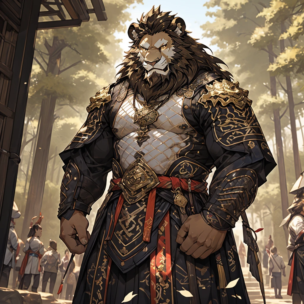 金色皮肤lion),(黑白阴阳General战袍),Bow and arrow on his back,strong posture,stand calmly,(In the background is a city covered in forest:1.2),abdominal muscles,heroic posture飒爽,完美的masterpiece,Various facial details,distance perspective,specific description,masterpiece,CG,(golden eyes),black and white pattern,Crimson tail,General,heroic posture,lion,Black and gold fur,Specific facial details,Half body,(黑白阴阳General战履),(Chang Ling),((middle aged)),(Face focus),(16K),HD,black and white belly,Chinese style,beard,(Face line),different students,(Black and white yin and yang shirt),(Black and blond hair),Strong,muscle,(High resolution:1.3),(Standing in front of a city covered by forest),(close up),(Detailed face:1.5),Perfect details,(Half body),(Detailed depiction of face:1.5),(Zoom in on face:1.5),(白色Face line:1.2),(黑色beard:1.3),(white face;1.6),golden body lion