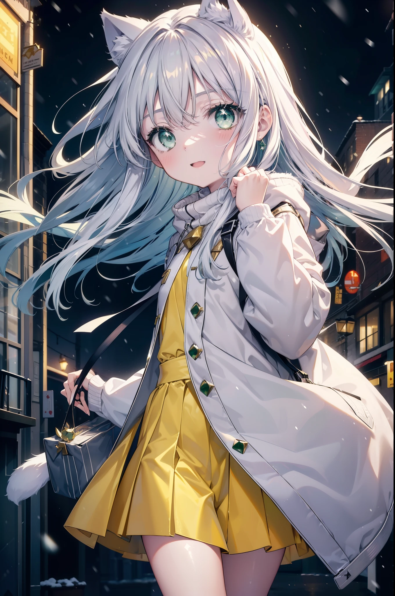 index, index, (green eyes:1.5), silver hair, long hair, (flat chest:1.2),Cat ear,cat tail,blush,smile,open your mouth,gray handbag,yellow long coat, white hoodie, black long skirt,black pantyhose,Mini Boots,winter,night,cold sky,snow is scattered,It&#39;s snowing,background　big christmas tree,
break looking at viewer, Upper body, whole body,
break indoors, In town,building street,
break (masterpiece:1.2), highest quality, High resolution, unity 8k wallpaper, (figure:0.8), (detailed and beautiful eyes:1.6), highly detailed face, perfect lighting, Very detailed CG, (perfect hands, perfect anatomy),