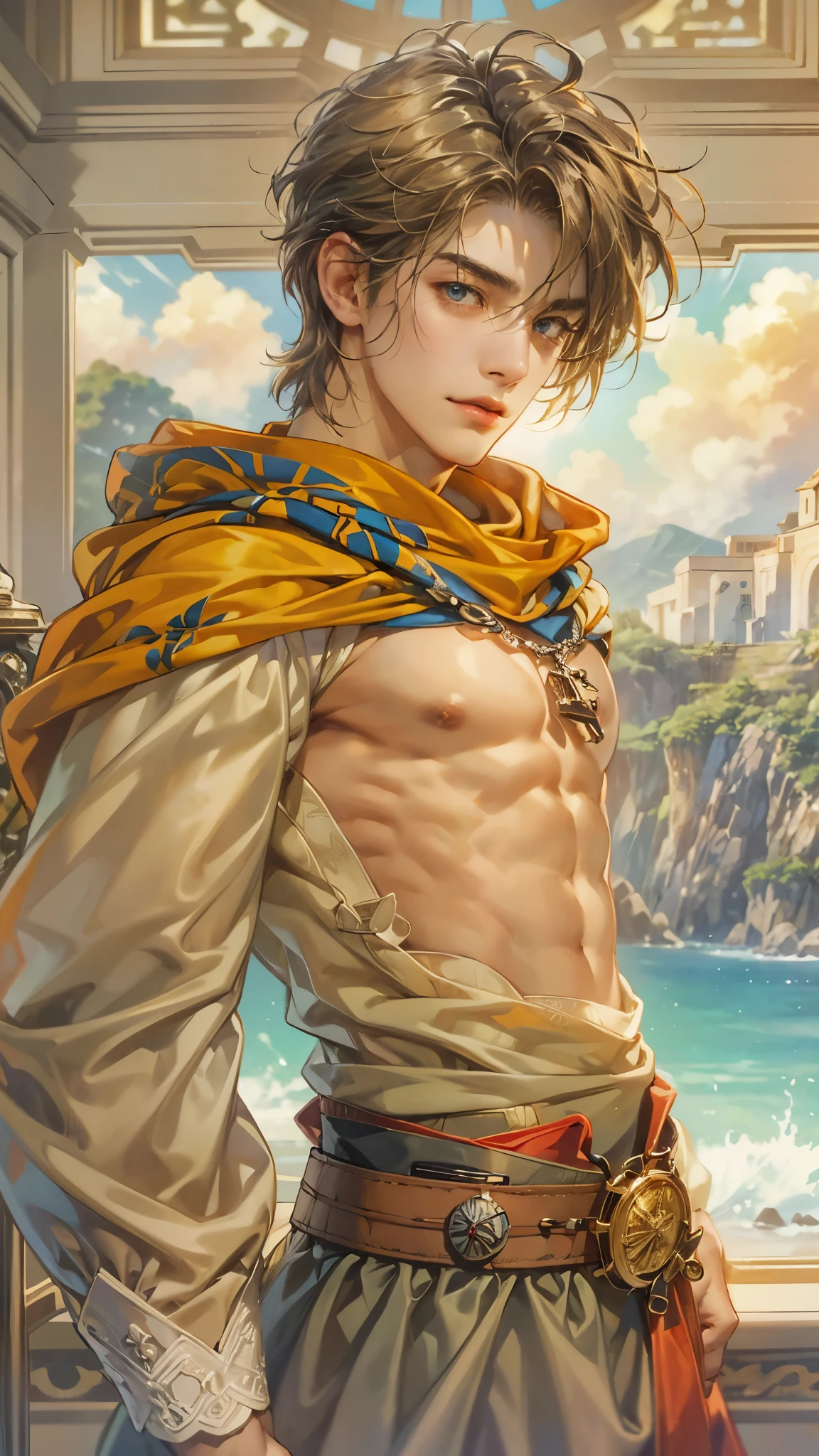 (absurdres, highres, ultra detailed, HDR), masterpiece, intricate details, best quality close-up picture of a character from Suikoden 5, an adventurer with handsome looks, cool hero, short hair, anime eyes, matured , fantastic outfit showing chest, crop top, detailed cathedral interiors, window beach scenery, detailed character, art kenouji