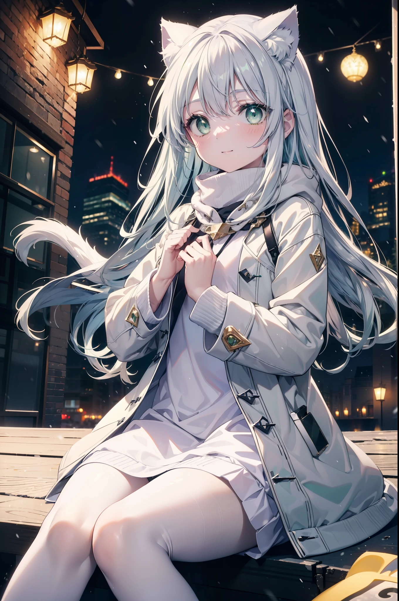 index, index, (green eyes:1.5), silver hair, long hair, (flat chest:1.2),Cat ear,cat tail,blush,smile,open your mouth,gray handbag,yellow long coat, white hoodie, black long skirt,black pantyhose,Mini Boots,winter,night,cold sky,snow is scattered,It&#39;s snowing,background　big christmas tree,
break looking at viewer, Upper body, whole body,
break indoors, In town,building street,
break (masterpiece:1.2), highest quality, High resolution, unity 8k wallpaper, (figure:0.8), (detailed and beautiful eyes:1.6), highly detailed face, perfect lighting, Very detailed CG, (perfect hands, perfect anatomy),