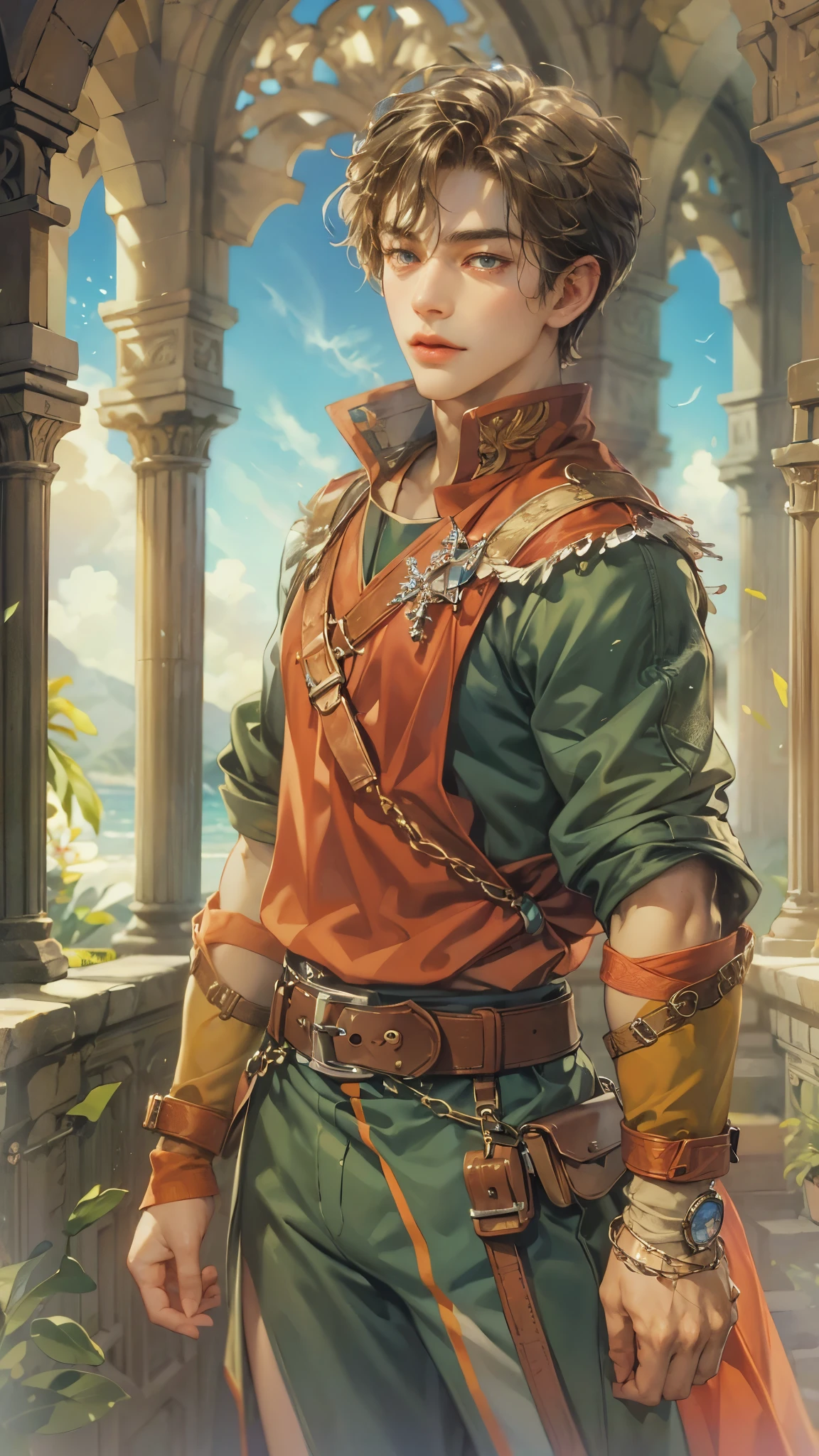 (absurdres, highres, ultra detailed, HDR), masterpiece, intricate details, best quality close-up picture of a character from Suikoden 5, an adventurer with handsome looks, cool hero, short hair, anime eyes, matured , fantastic outfit showing chest, crop top, detailed cathedral interiors, window beach scenery, detailed character, art kenouji