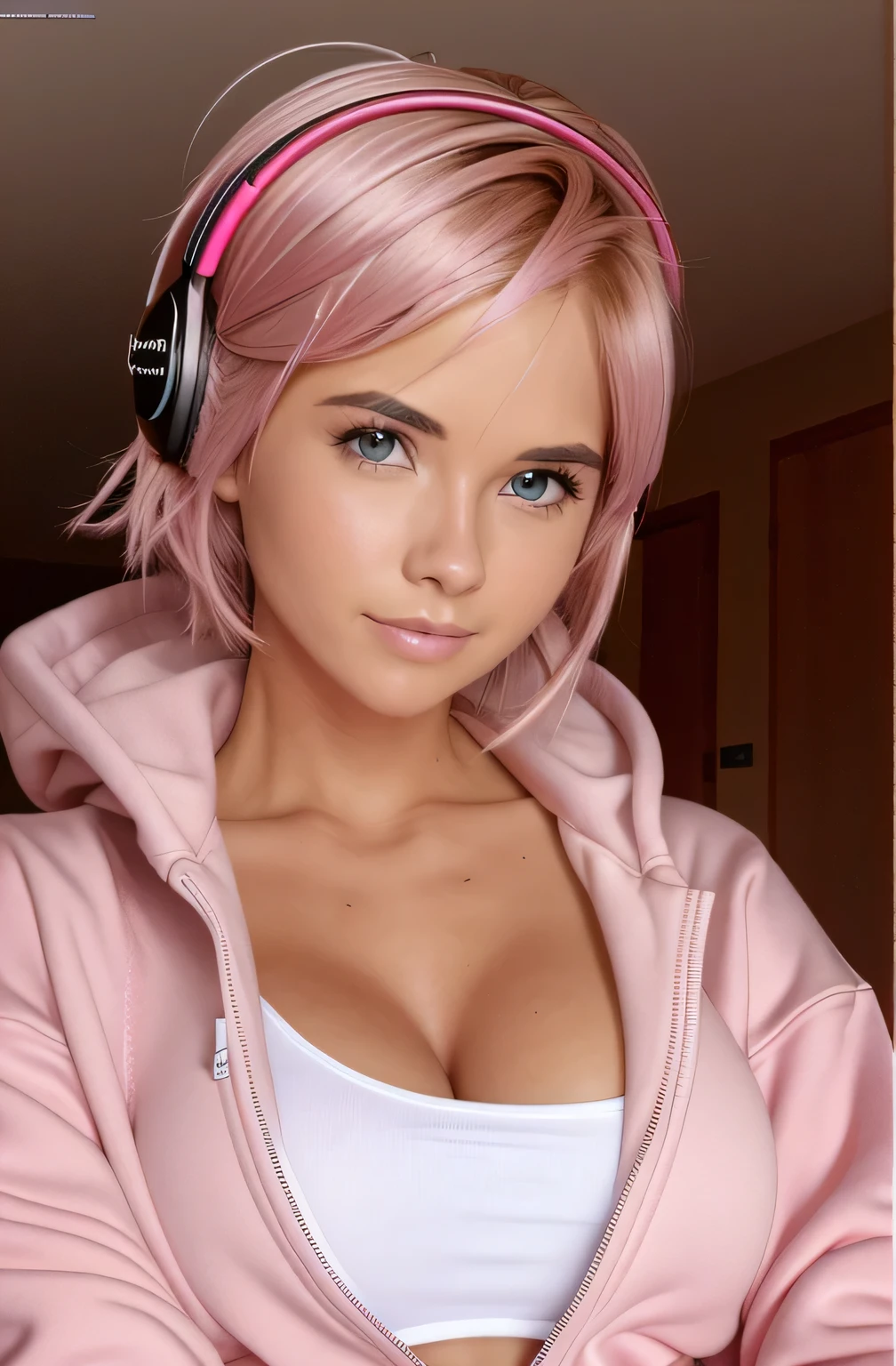 short pink hair:1.2 gamer girl sitting in an ikea bedroom leaning into the camera, photo from front above, red hoodie, large white gamer headphones, large breasts, skintight white top:1.2, cleavage, pink bra:1.2, looking at viewer, soft colors, cinematic lighting:1.2, perfect anatomy, round breasts, neat, norturing, photo from waist up, webcamera picture