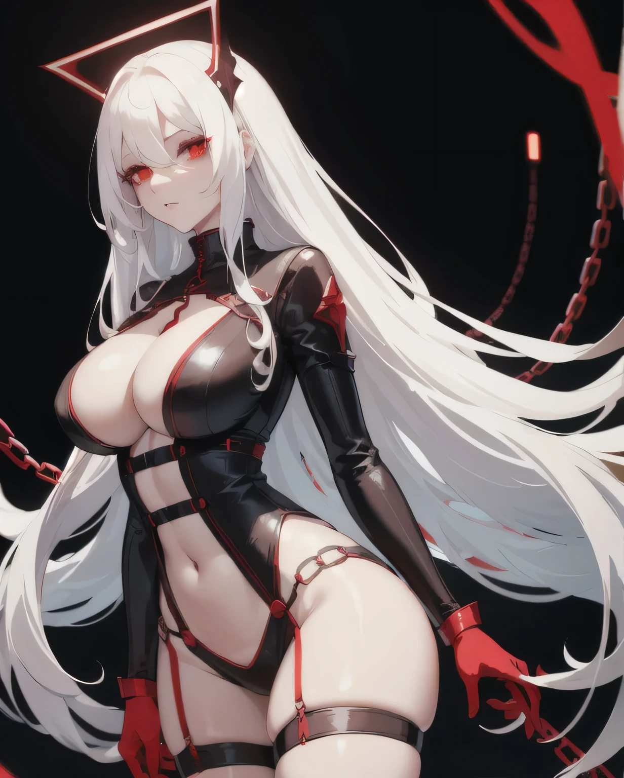 white long hair with one sided bangs covering one eye, seductive red glowing eyes with long black eyelashes, sexy, medium , curvy body, lacey collar with chains, slightly exposed cleavage and wearing red body suit. high quality, high resolution, high fps, master piece, high quality, very high quality