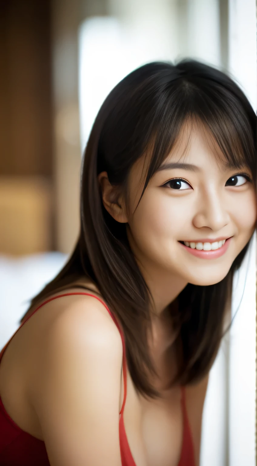 masterpiece,best quality,(Japanese ),((Beautiful girl)),cleavage,indoor,(perfect body beauty:1.2),(shy smile),beautiful teeth,